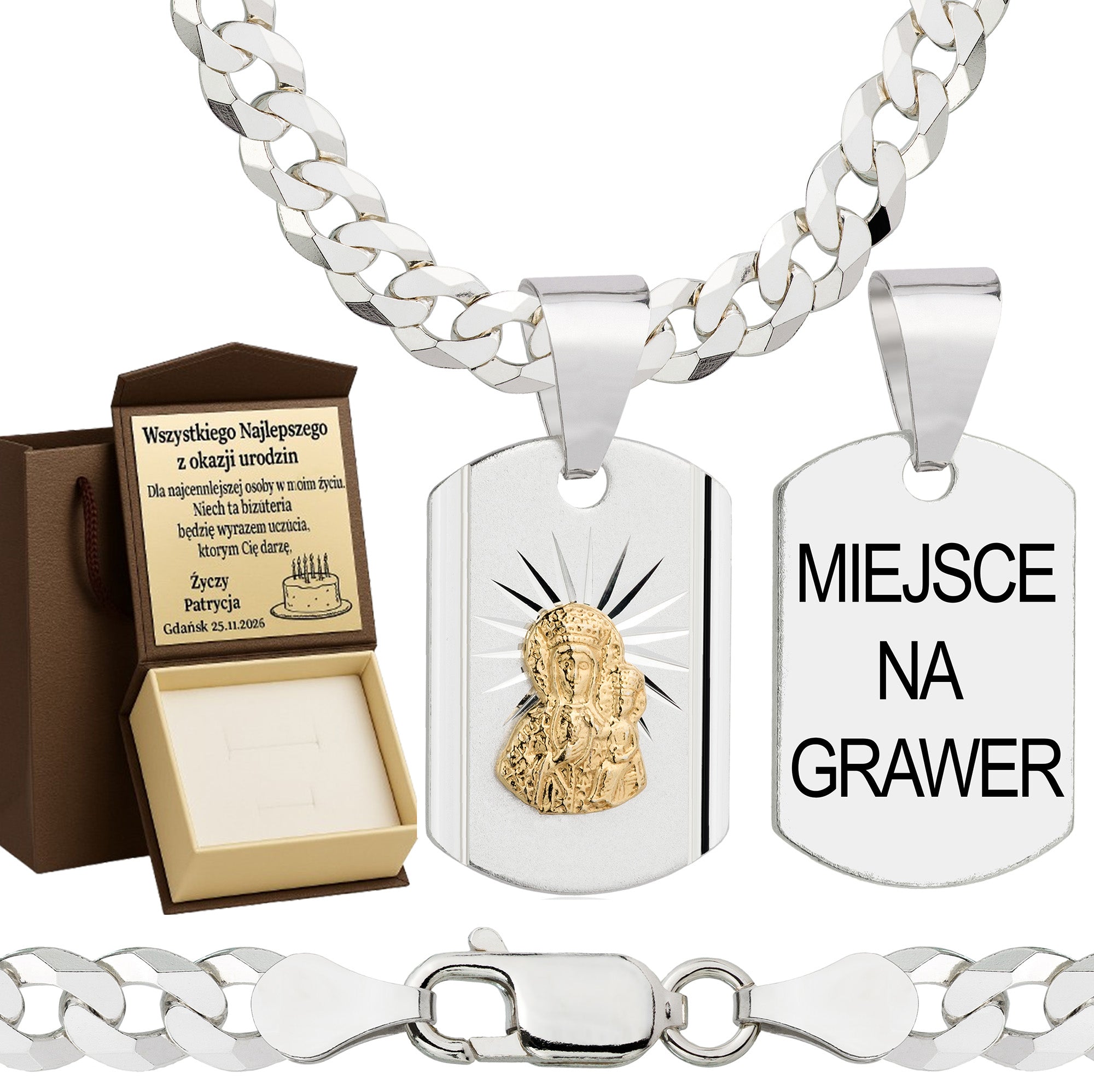 Łańcuszek srebrny z medalikiem pancerka 5mm pr. 925