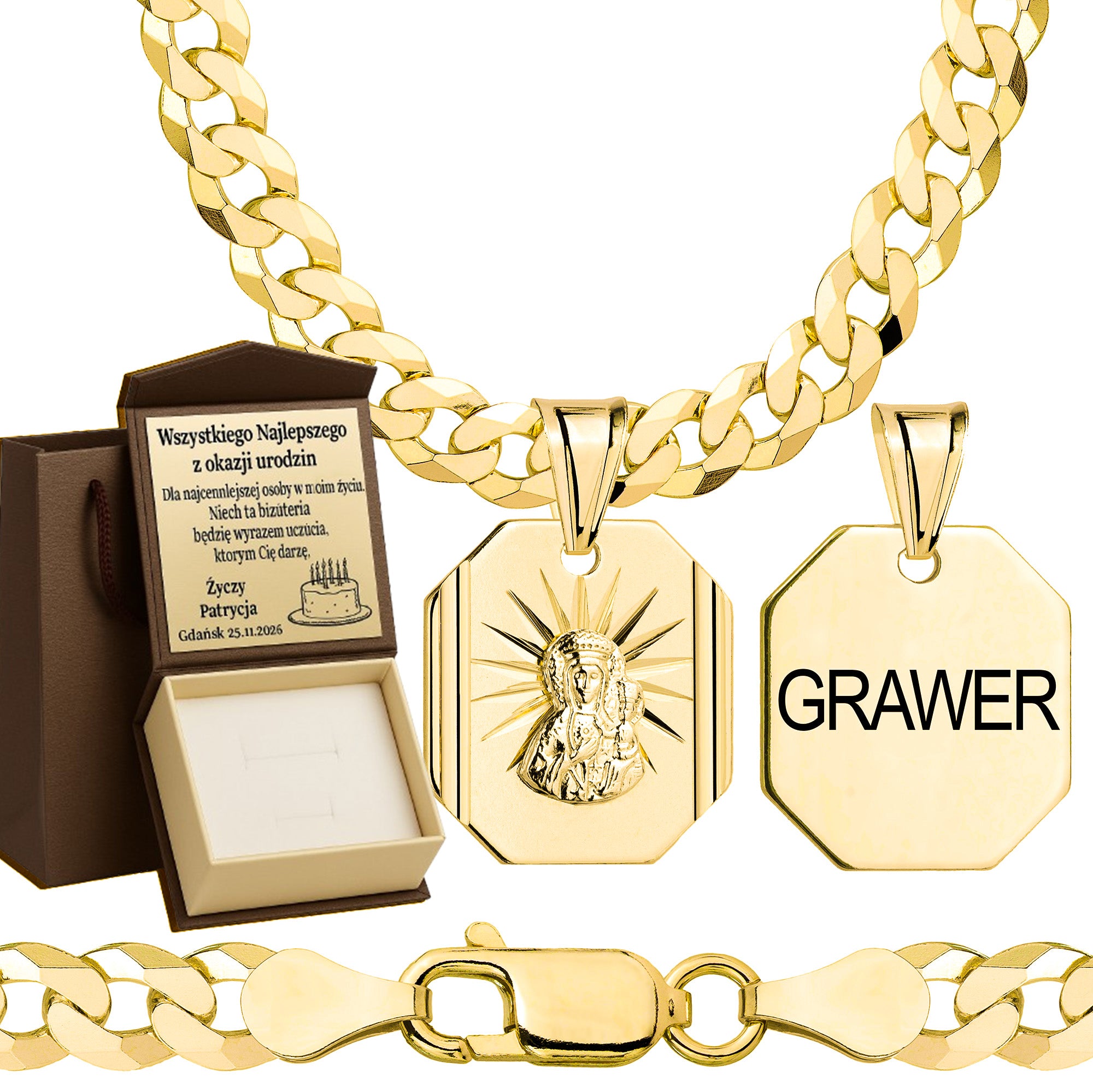 Łańcuszek pozłacany srebrny z medalikiem pancerka 5mm pr. 925