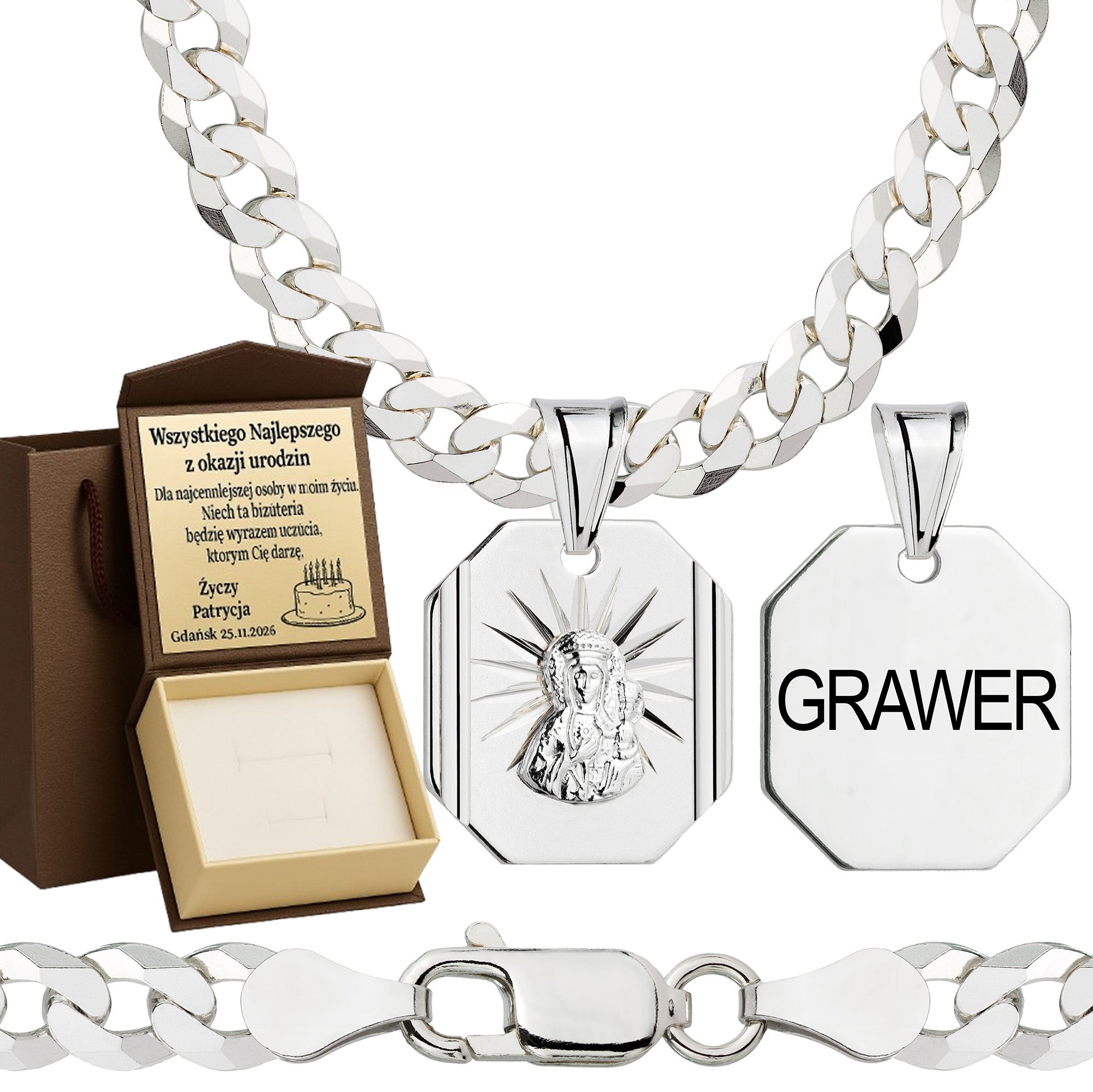 Łańcuszek srebrny z medalikiem pancerka 5mm pr. 925