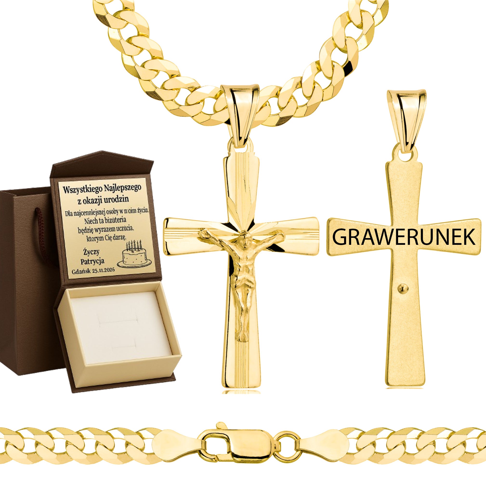 Łańcuszek pozłacany srebrny z krzyżykiem pancerka 6,5mm pr. 925