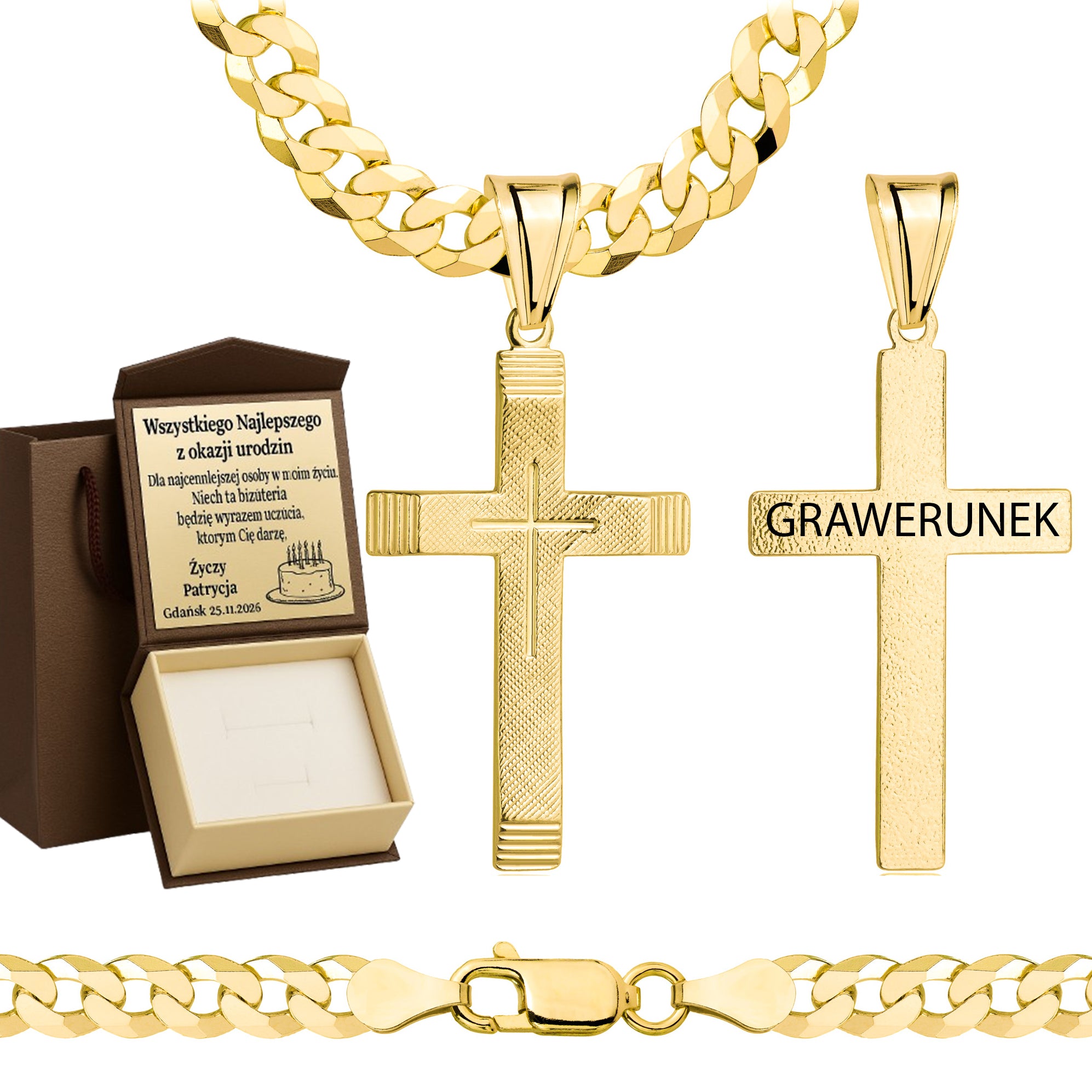 Łańcuszek pozłacany srebrny z krzyżykiem pancerka 6,5mm pr. 925