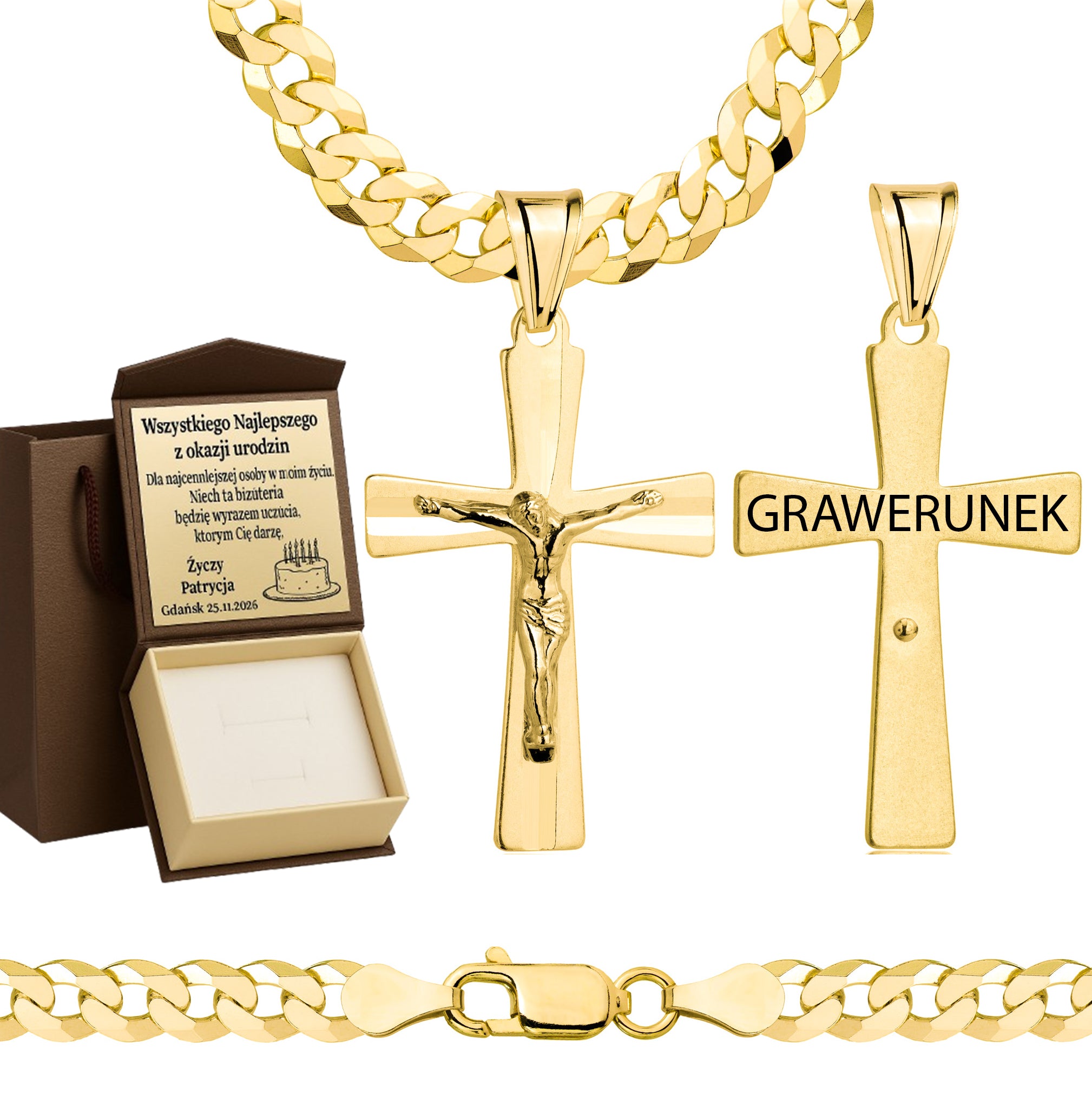 Łańcuszek pozłacany srebrny z krzyżykiem pancerka 6,5mm pr. 925