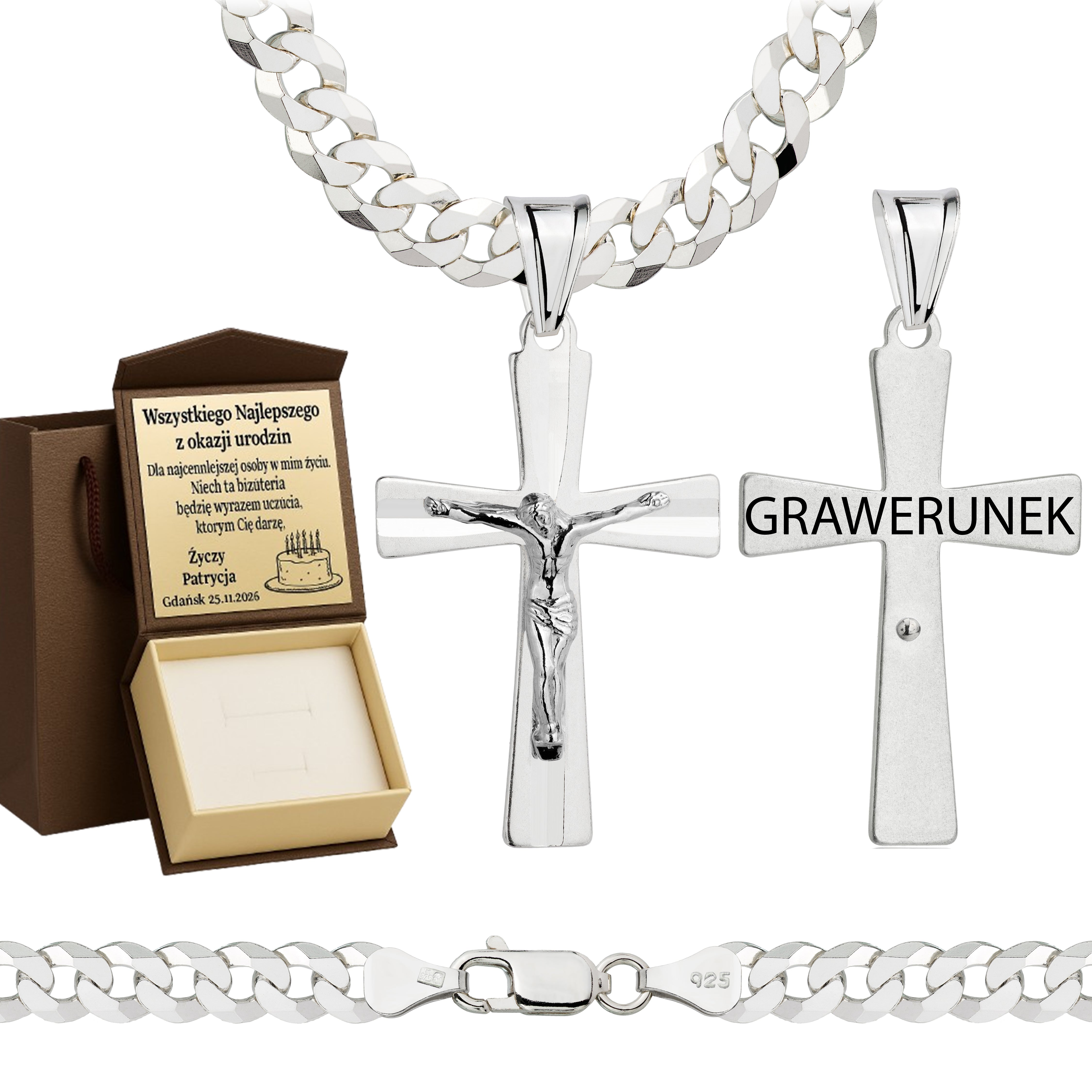 Łańcuszek srebrny z krzyżykiem pancerka 6,5mm pr. 925