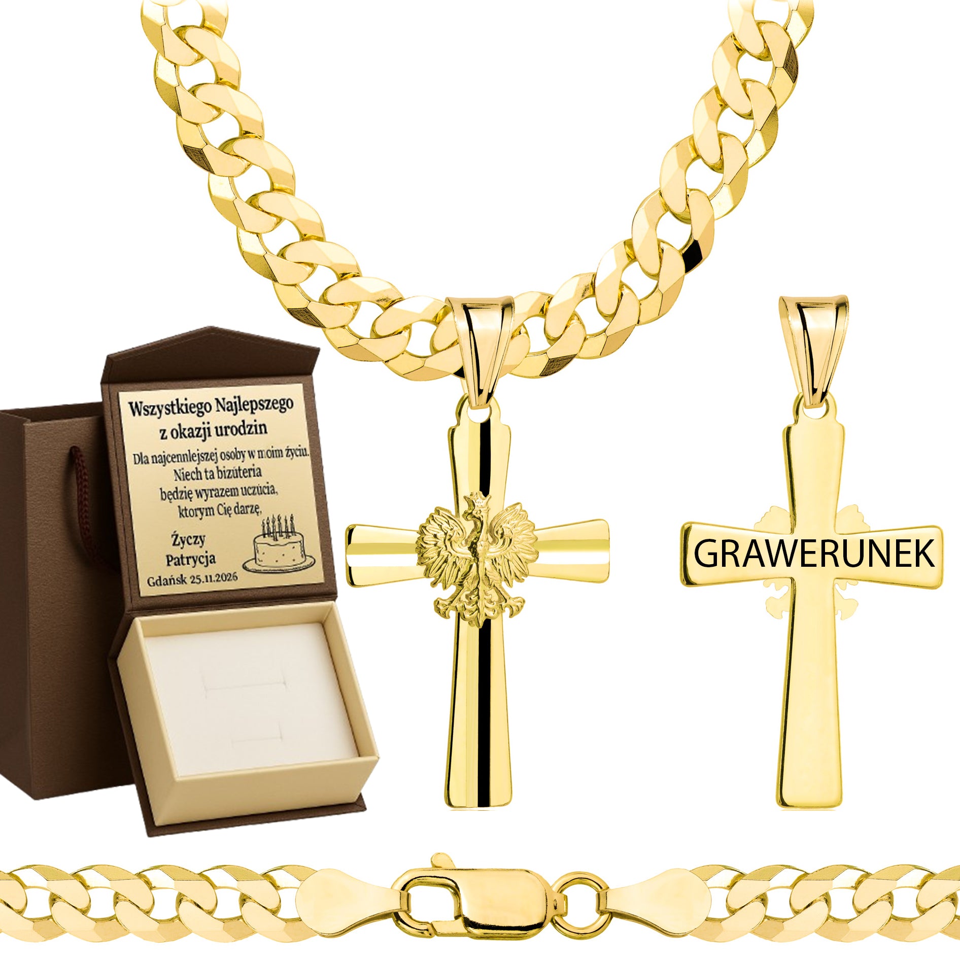 Łańcuszek pozłacany srebrny z krzyżykiem pancerka 6,5mm pr. 925