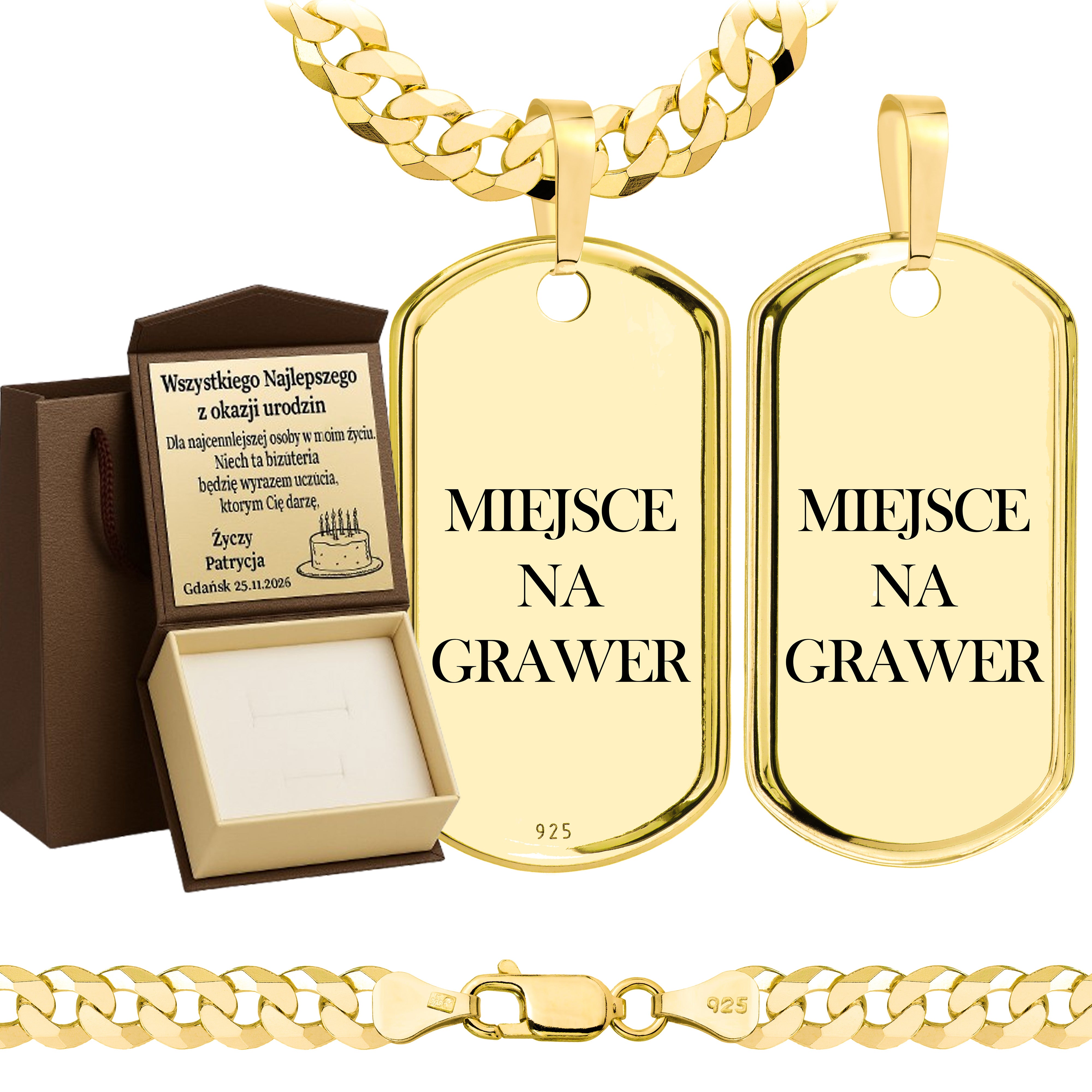 Łańcuszek pozłacany srebrny z nieśmiertelnikiem pancerka 6,5mm pr. 925 585