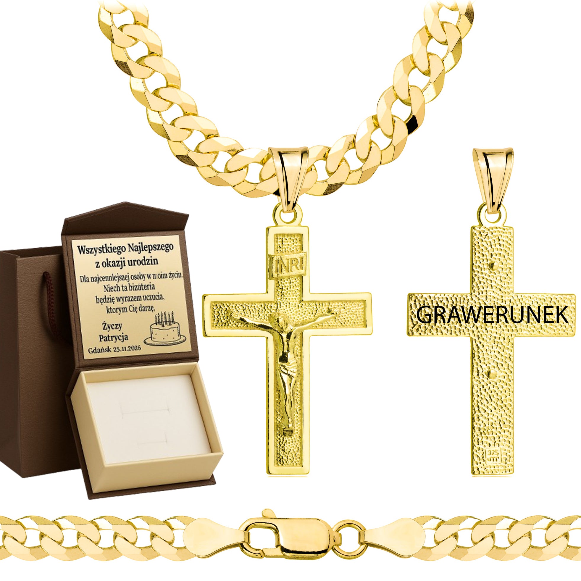 Łańcuszek pozłacany srebrny z krzyżykiem pancerka 6,5mm pr. 925