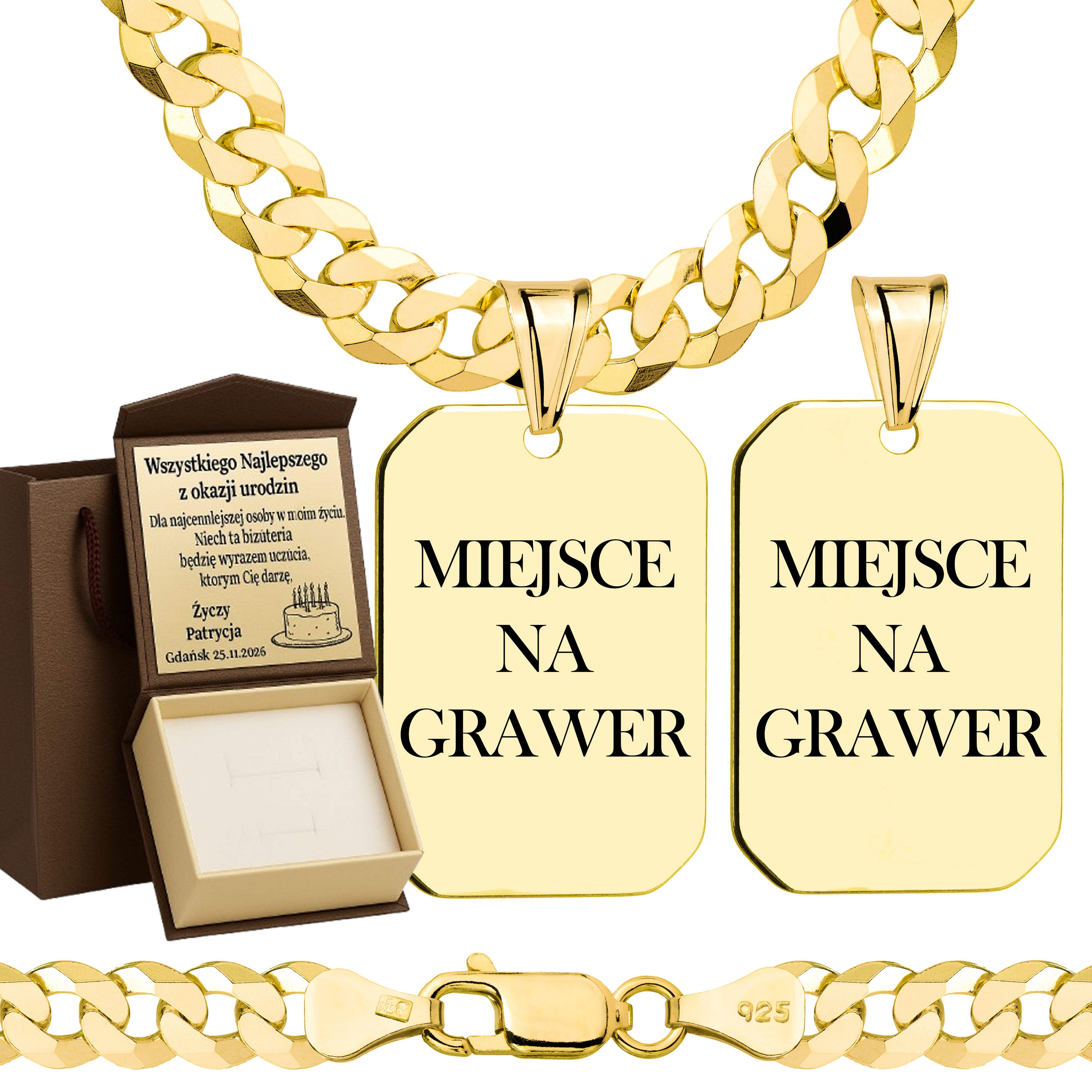 Łańcuszek pozłacany srebrny z nieśmiertelnikiem pancerka 6,5mm pr. 925 585