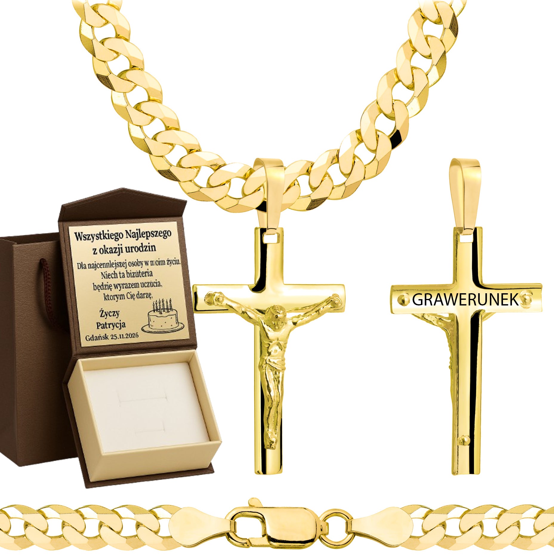 Łańcuszek pozłacany srebrny z krzyżykiem pancerka 6,5mm pr. 925