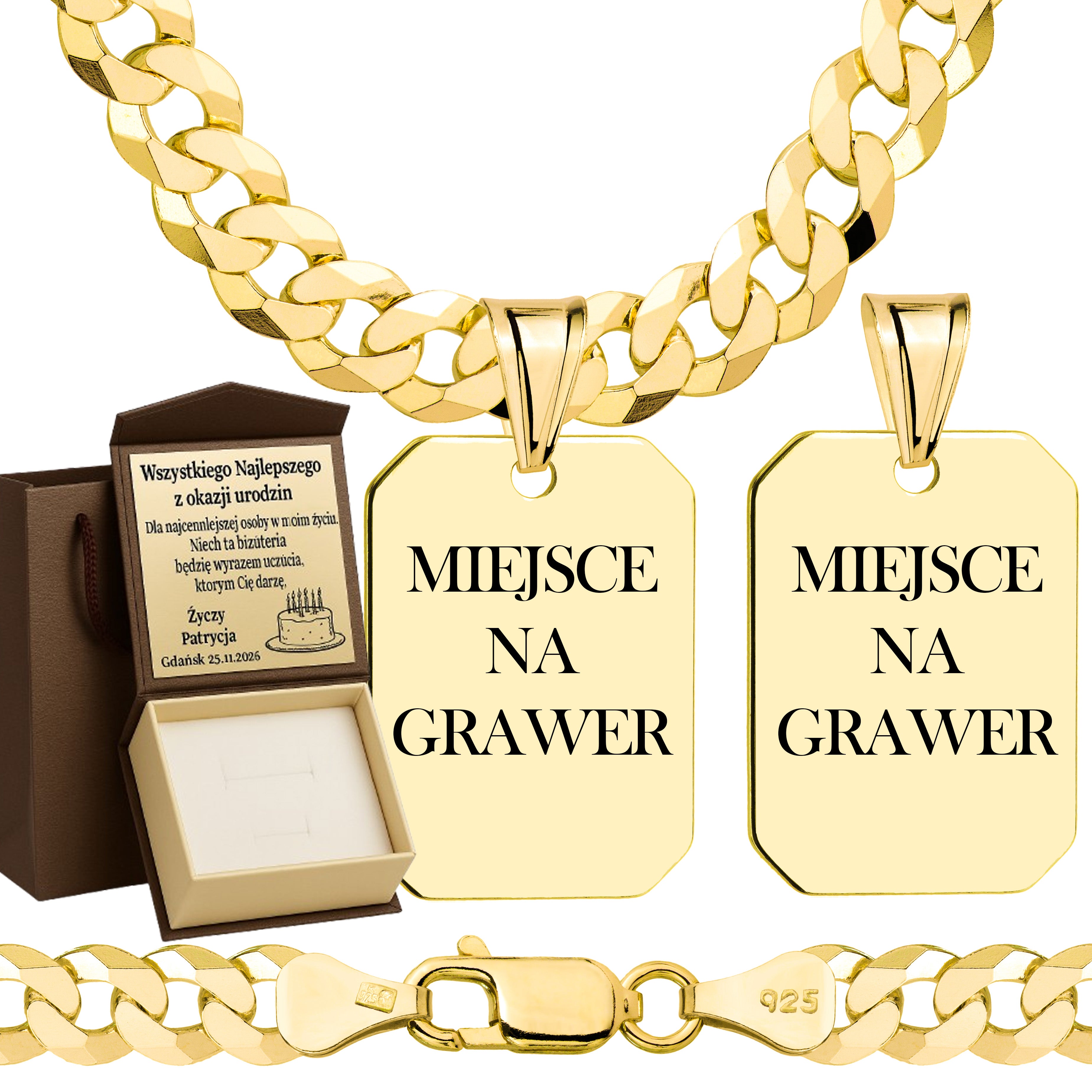 Łańcuszek pozłacany srebrny z nieśmiertelnikiem pancerka 6,5mm pr. 925 585