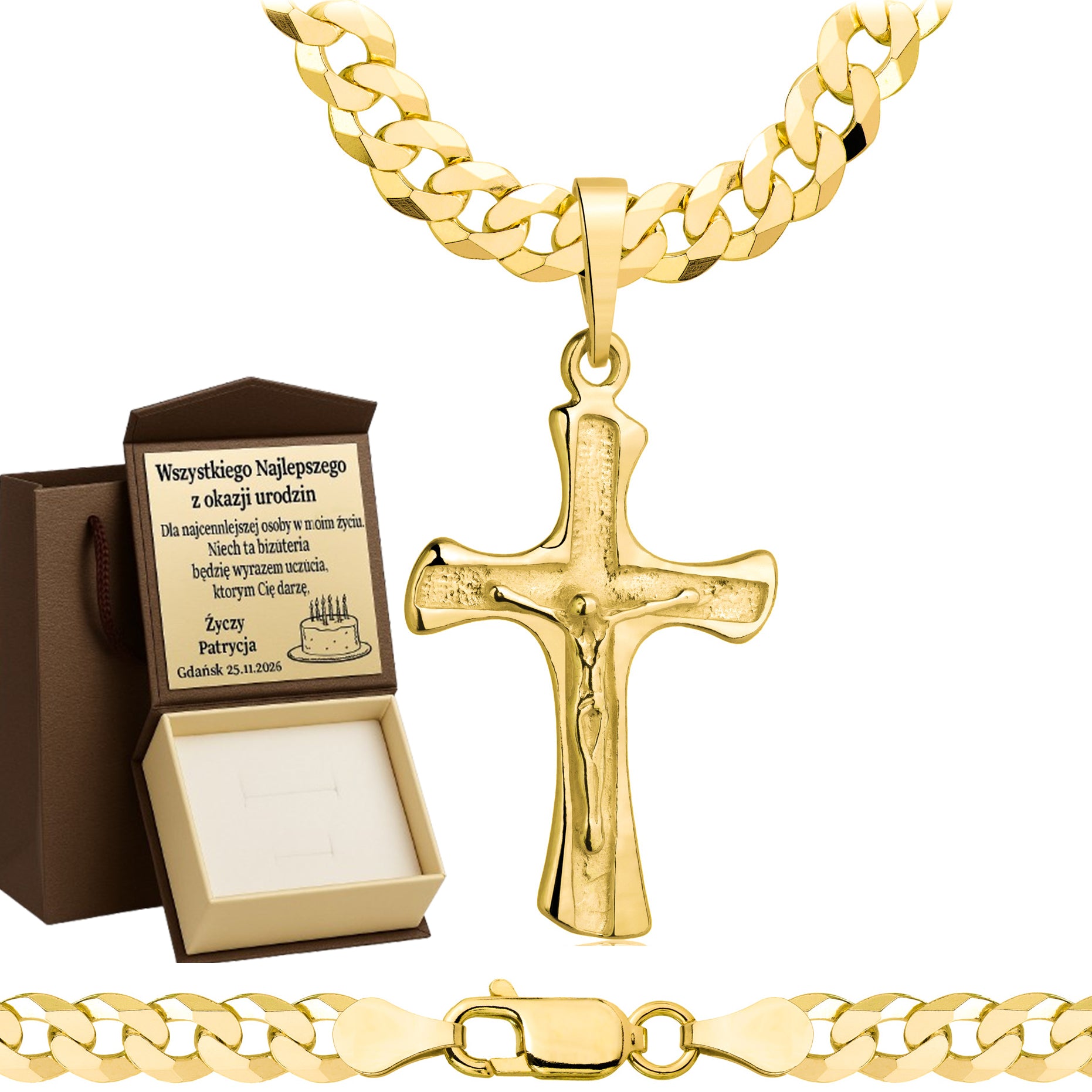 Łańcuszek pozłacany srebrny z krzyżykiem pancerka 6,5mm pr. 925