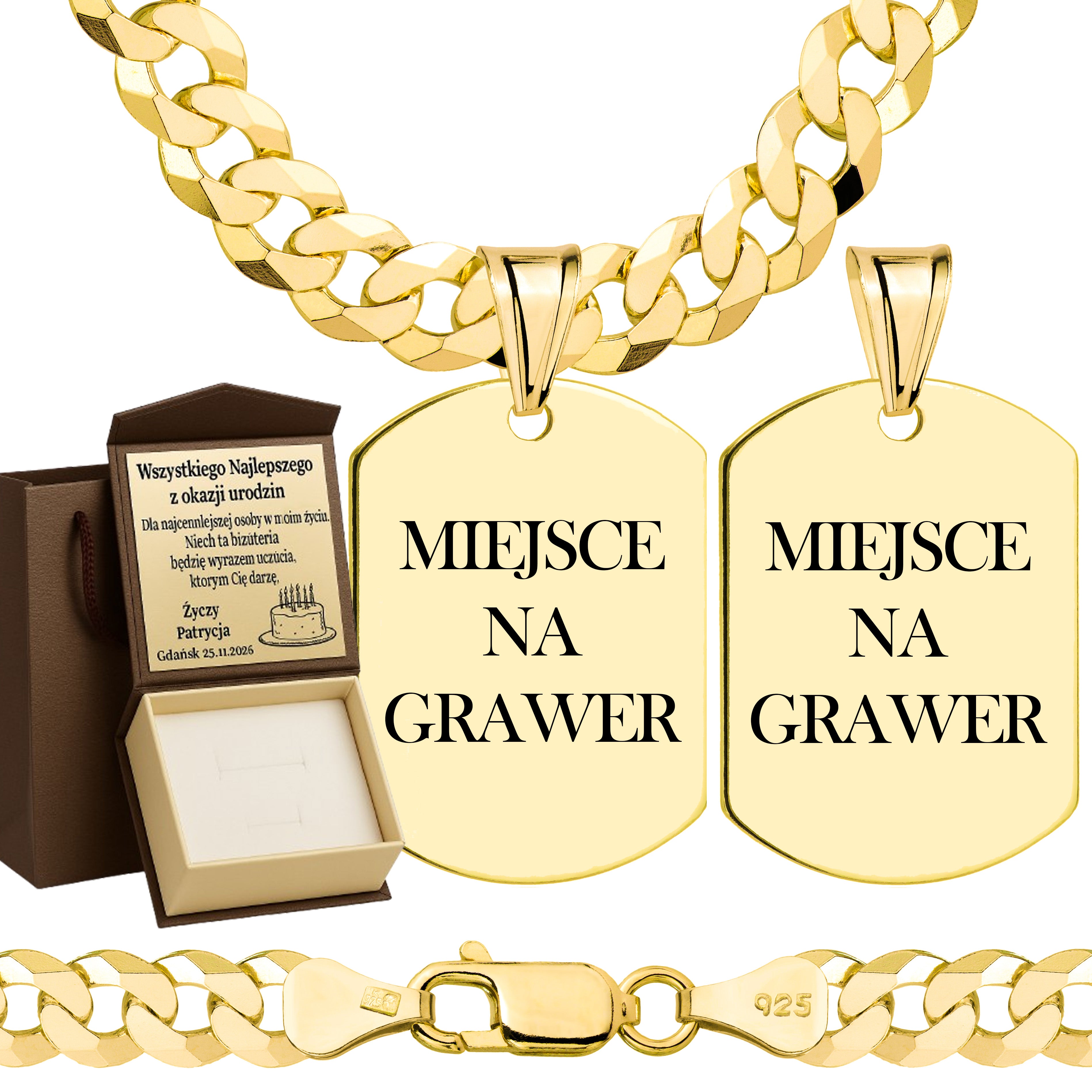 Łańcuszek pozłacany srebrny z nieśmiertelnikiem pancerka 6,5mm pr. 925 585