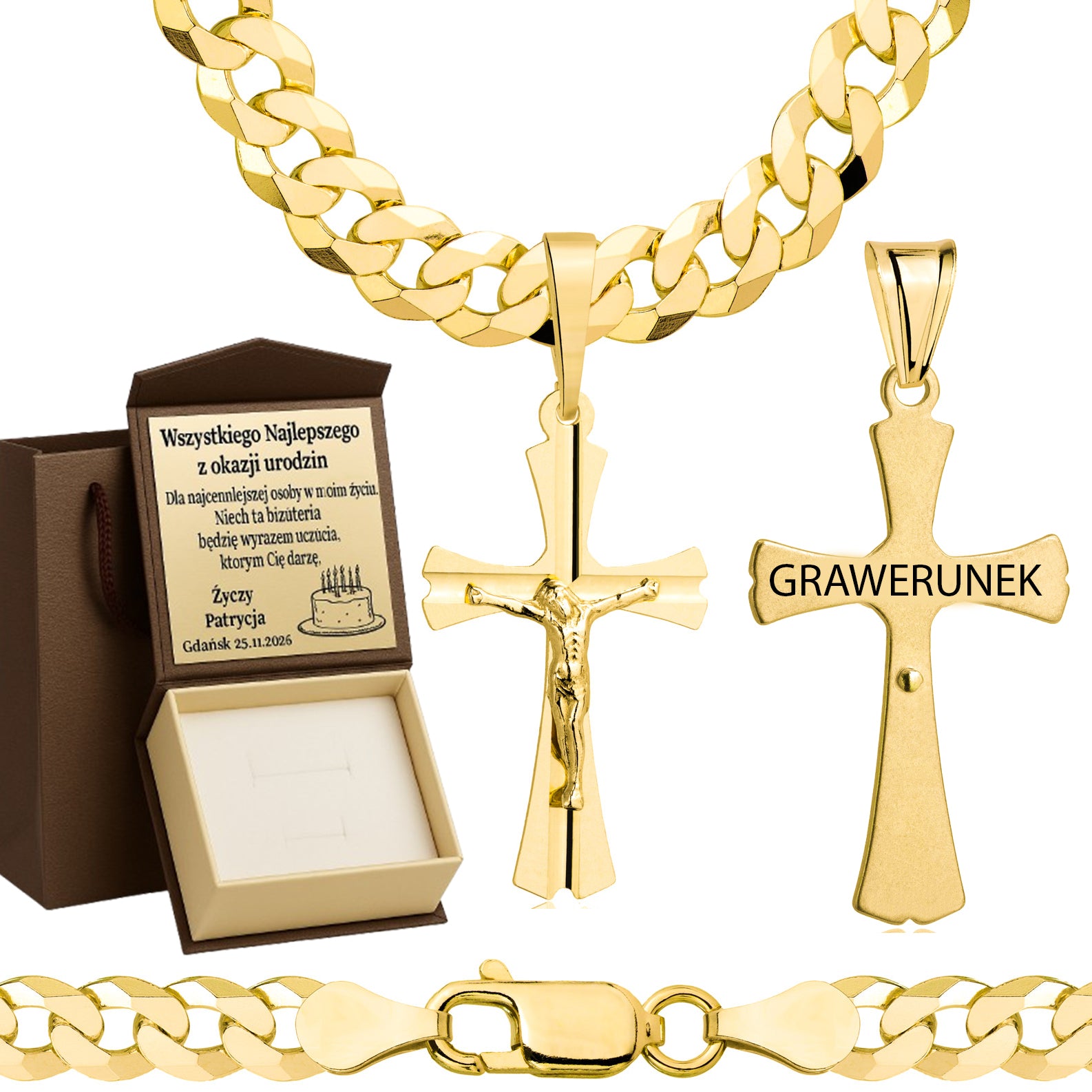 Łańcuszek pozłacany srebrny z krzyżykiem pancerka 6,5mm pr. 925