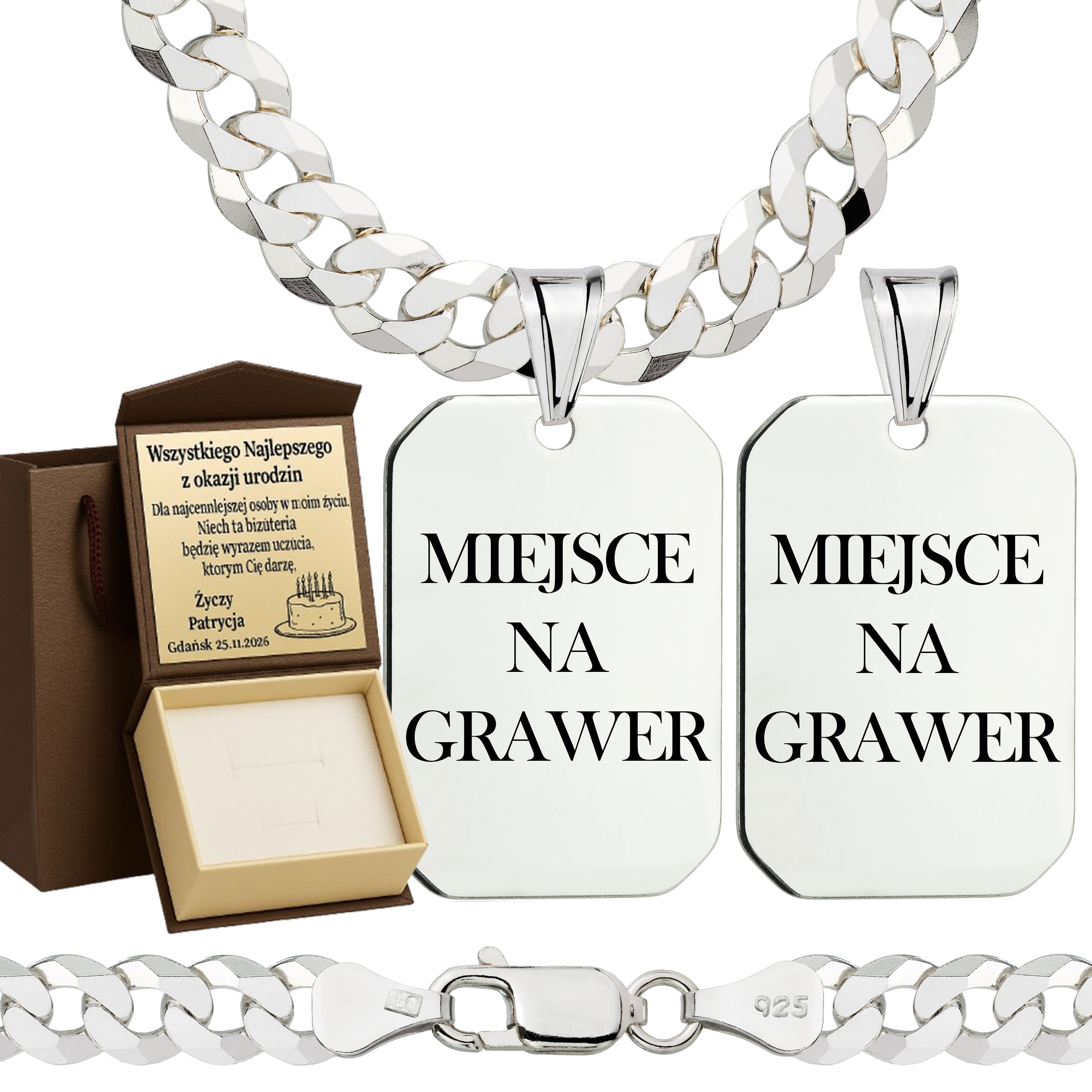 Łańcuszek srebrny z nieśmiertelnikiem pancerka 6,5mm pr. 925