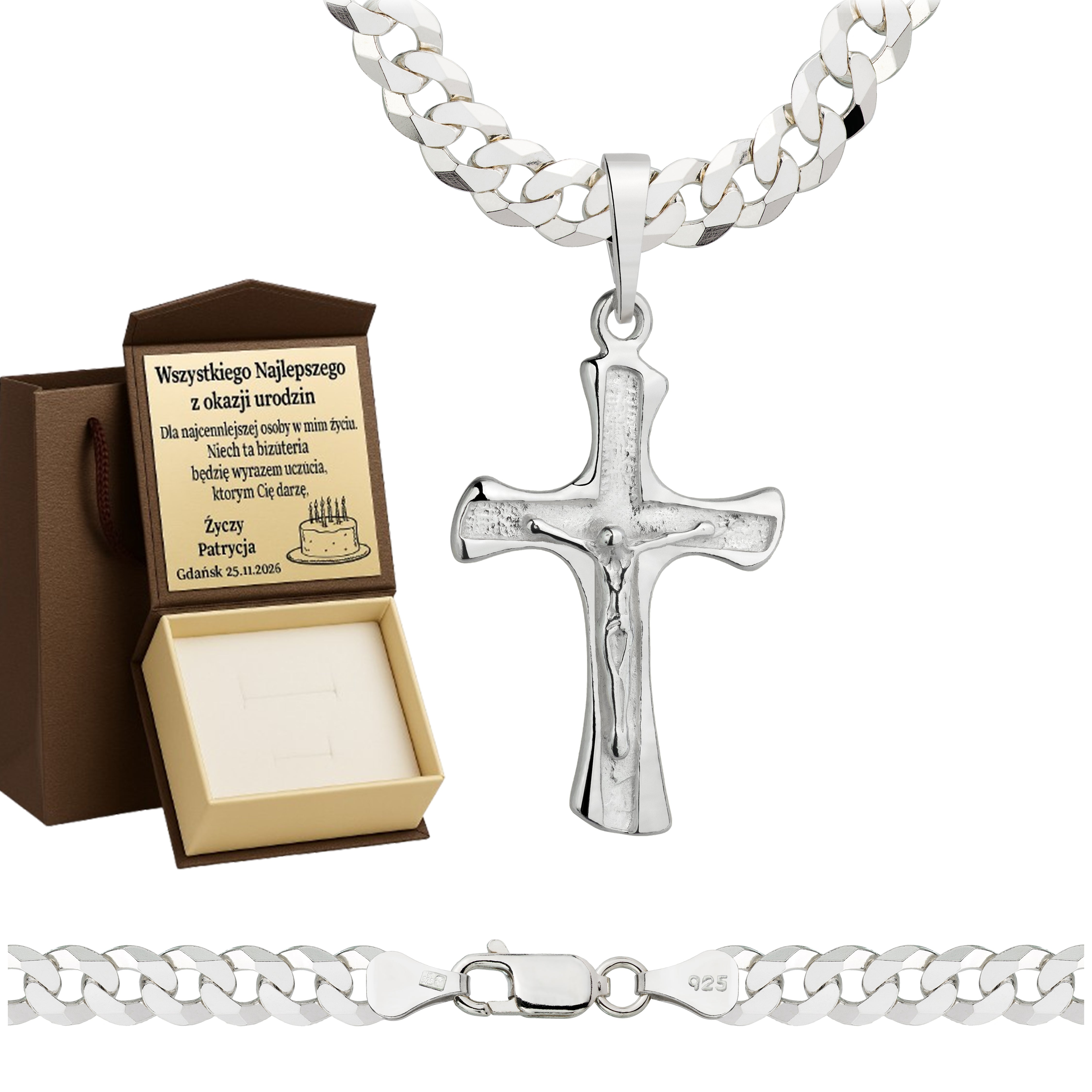 Łańcuszek srebrny z krzyżykiem pancerka 6,5mm pr. 925