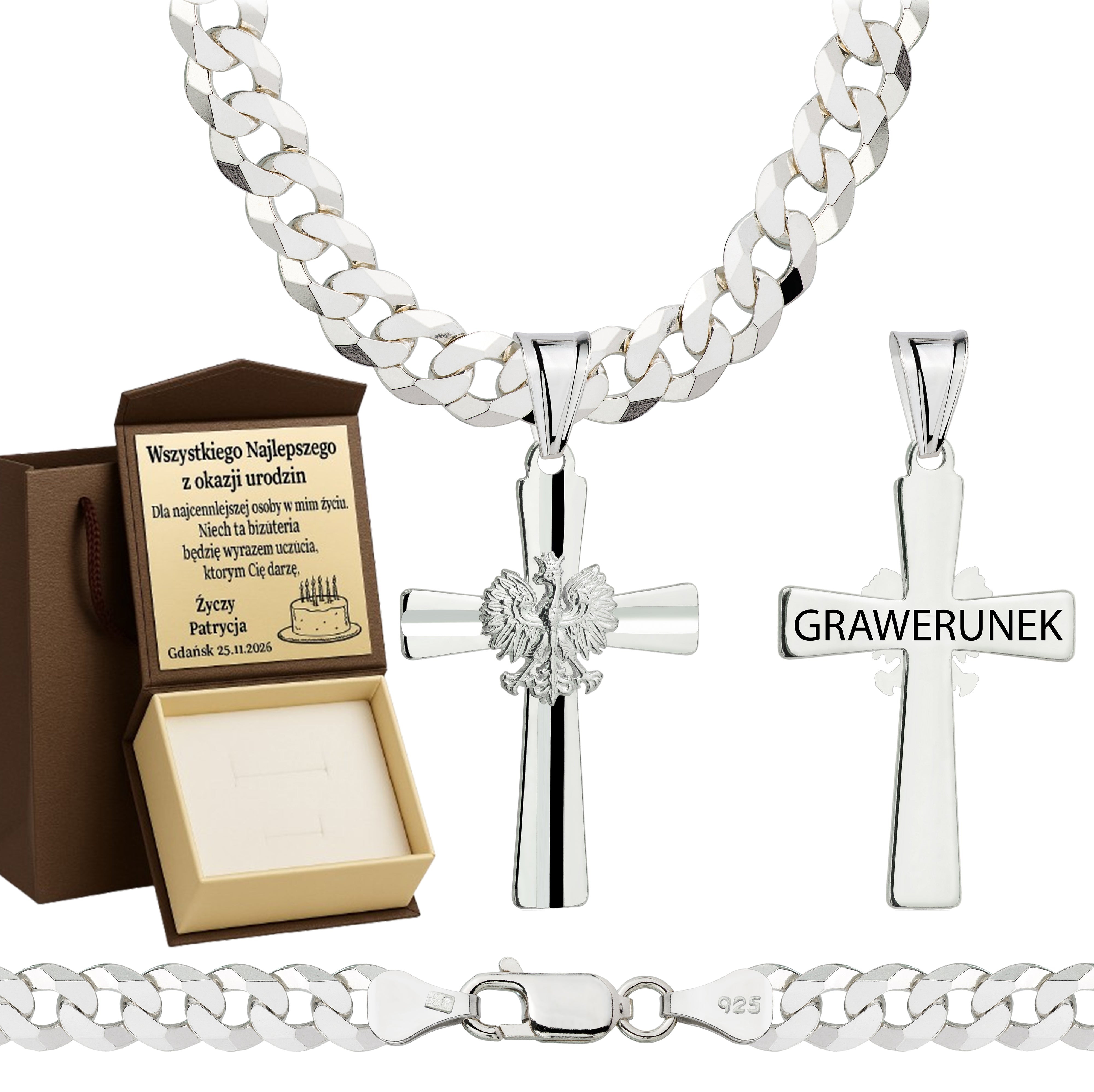 Łańcuszek srebrny z krzyżykiem pancerka 6,5mm pr. 925