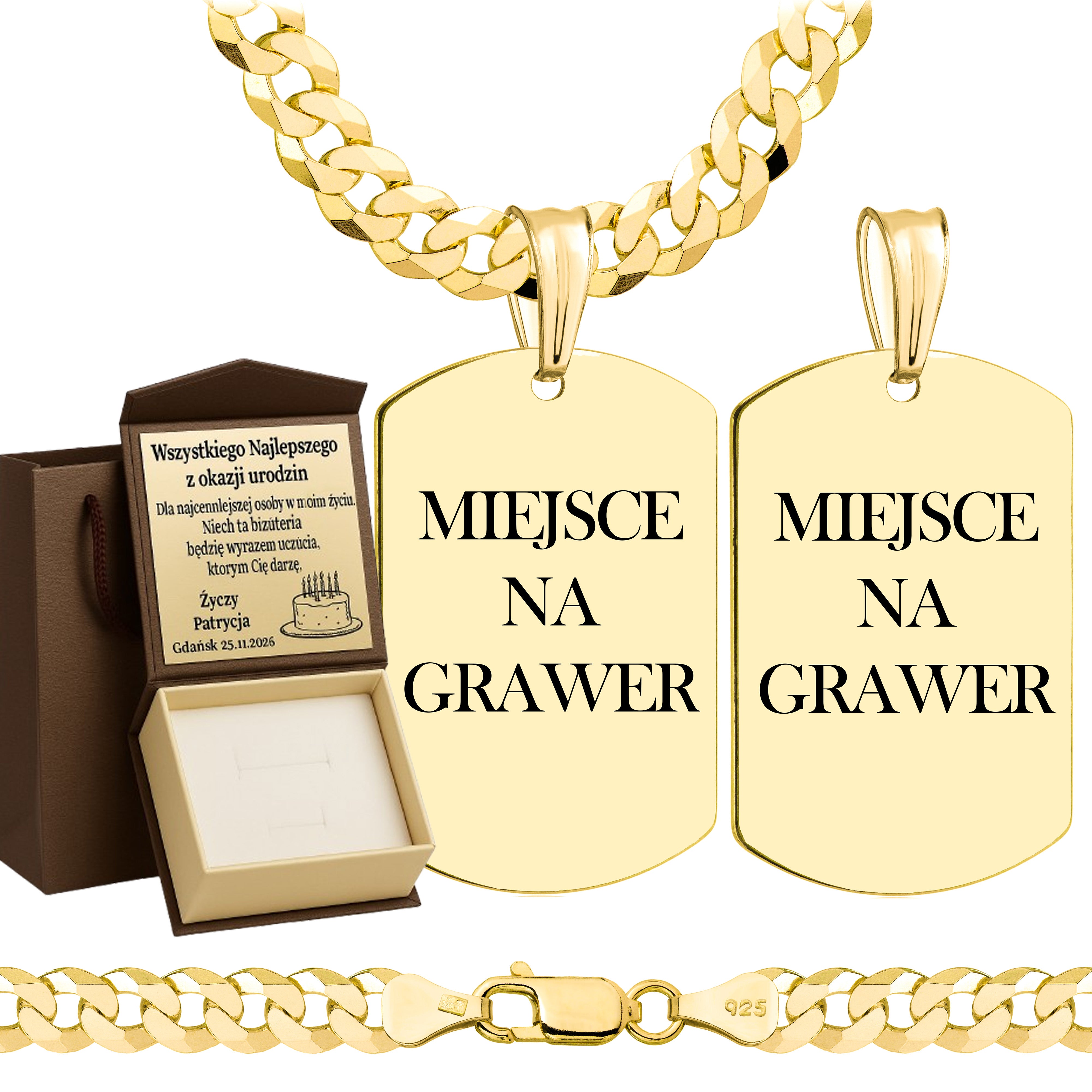 Łańcuszek pozłacany srebrny z nieśmiertelnikiem pancerka 6,5mm pr. 925 585