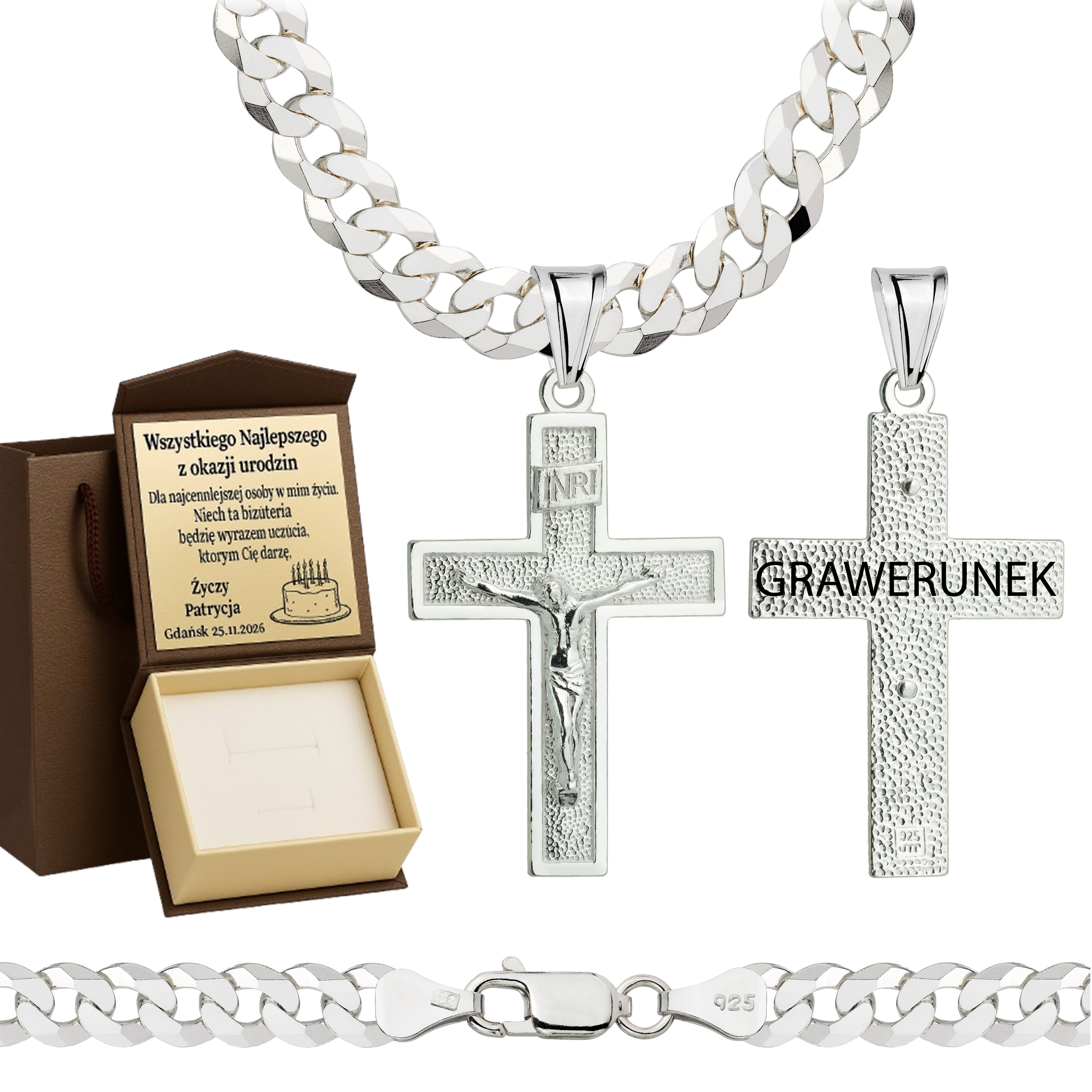 Łańcuszek srebrny z krzyżykiem pancerka 6,5mm pr. 925