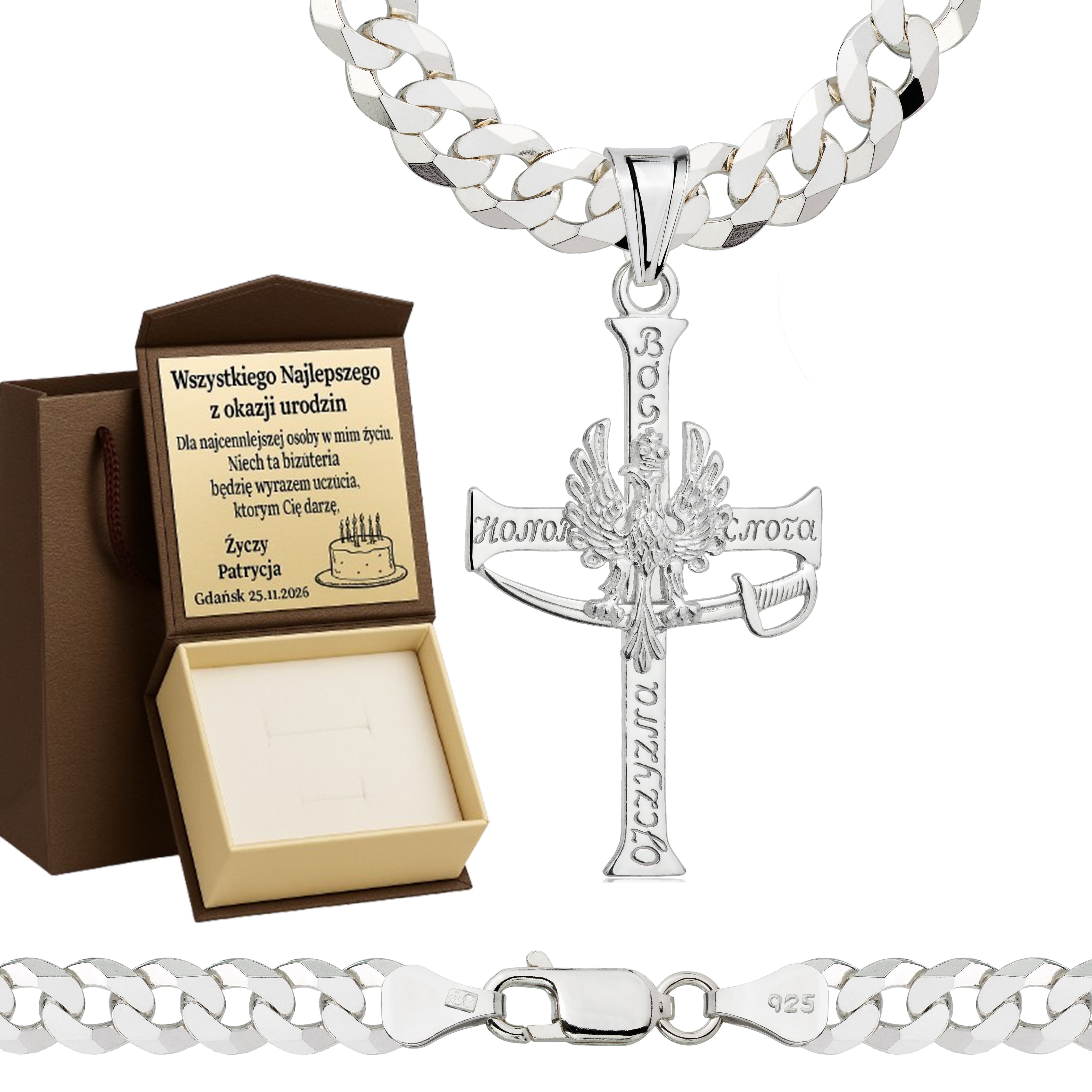 Łańcuszek srebrny z krzyżykiem pancerka 6,5mm pr. 925