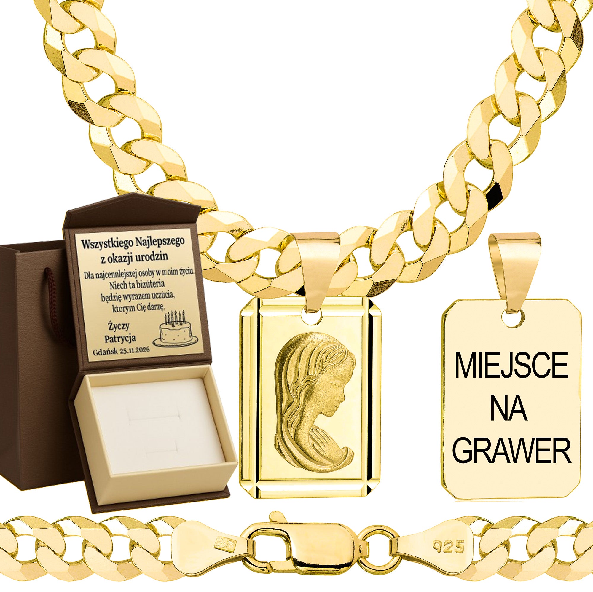 Łańcuszek pozłacany srebrny z medalikiem pancerka 6,5mm pr. 925