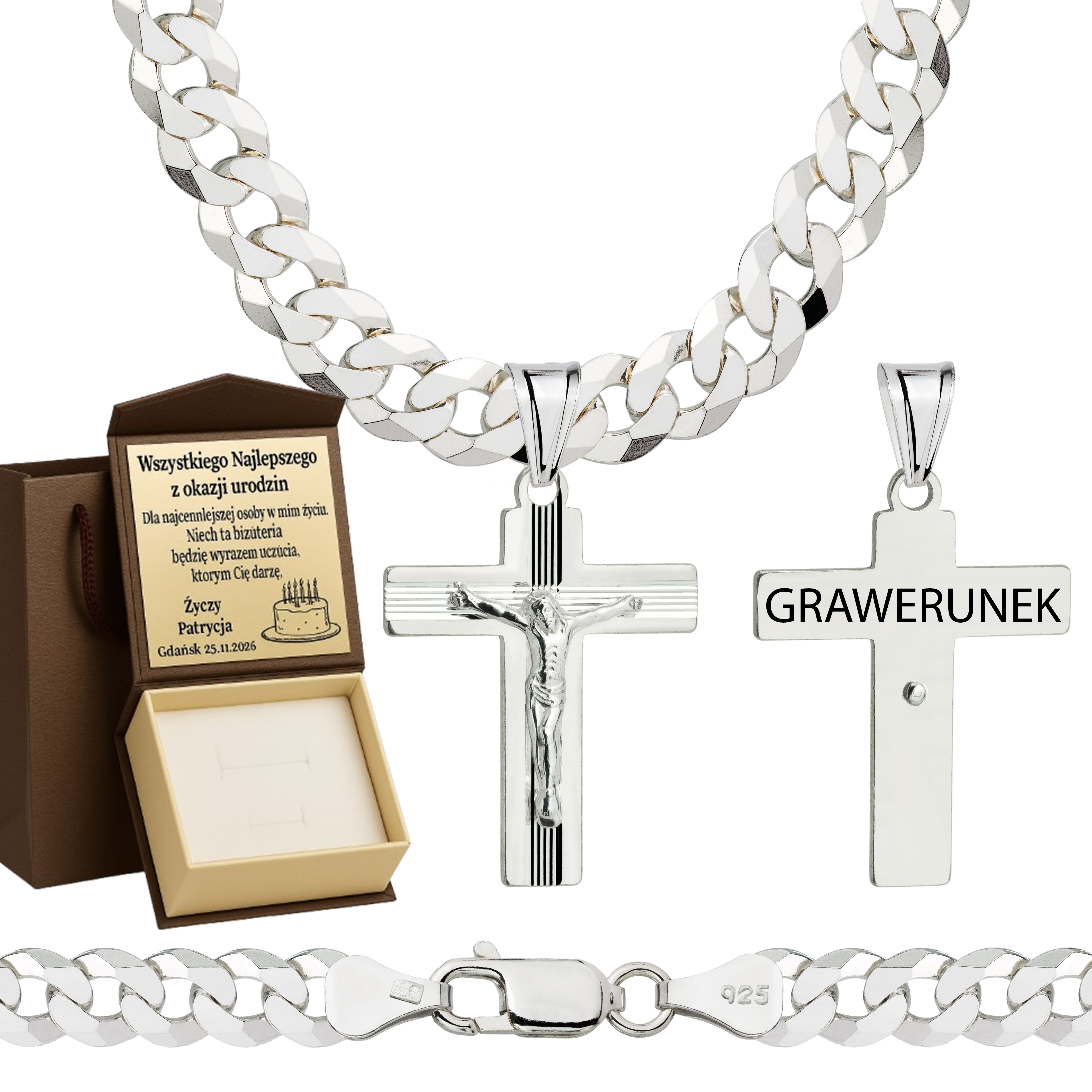 Łańcuszek srebrny z krzyżykiem pancerka 6,5mm pr. 925