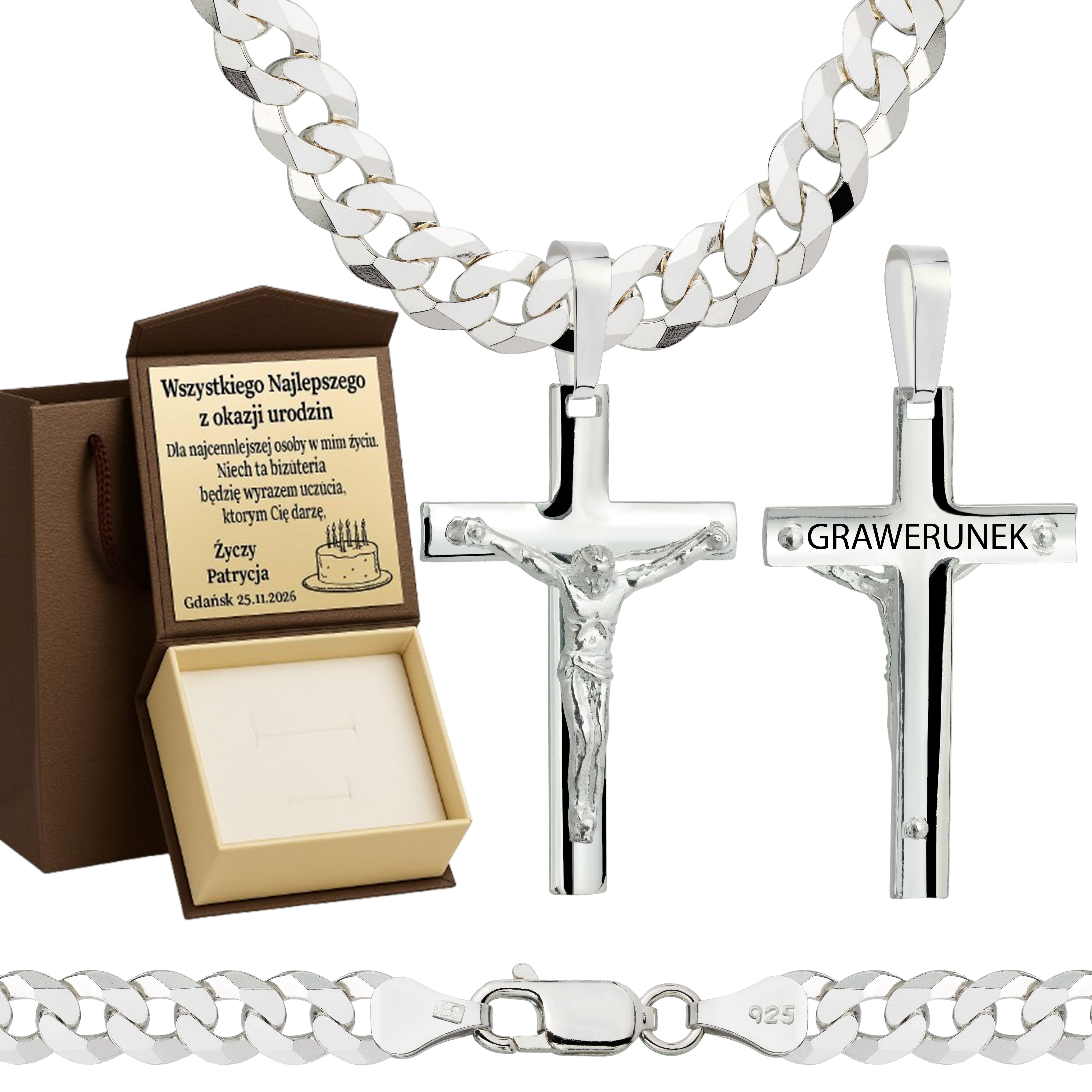 Łańcuszek srebrny z krzyżykiem pancerka 6,5mm pr. 925