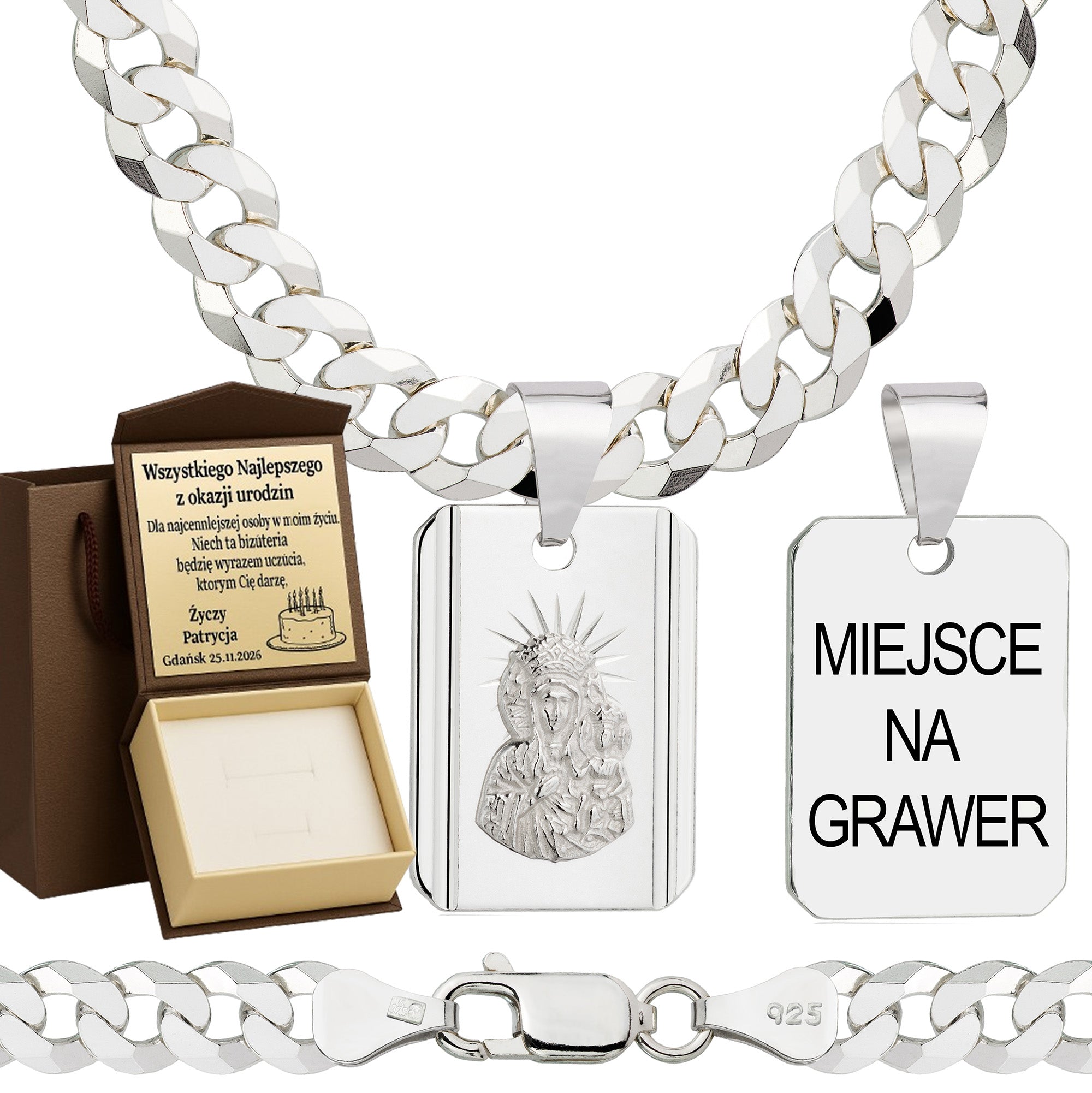 Łańcuszek srebrny z medalikiem pancerka 6,5mm pr. 925