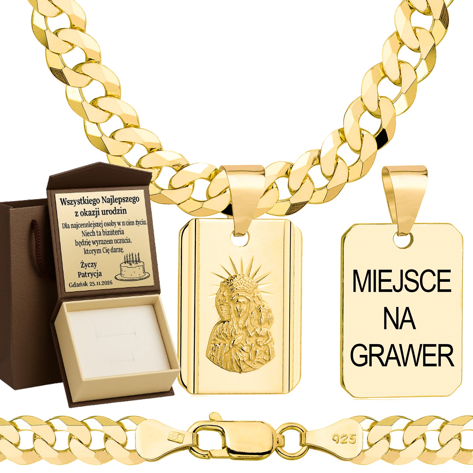 Łańcuszek pozłacany srebrny z medalikiem pancerka 6,5mm pr. 925