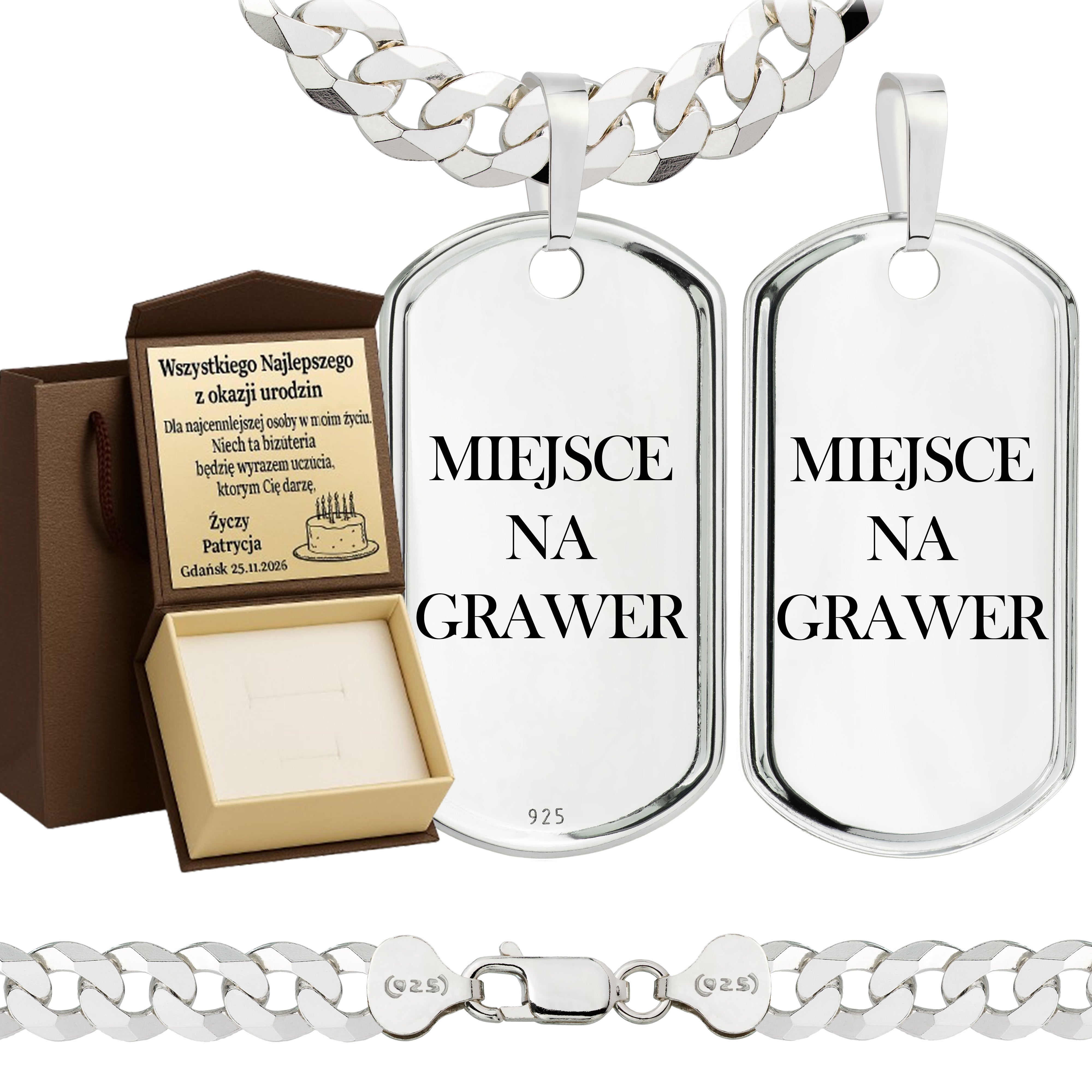 Łańcuszek srebrny z nieśmiertelnikiem pancerka 7,5mm pr. 925