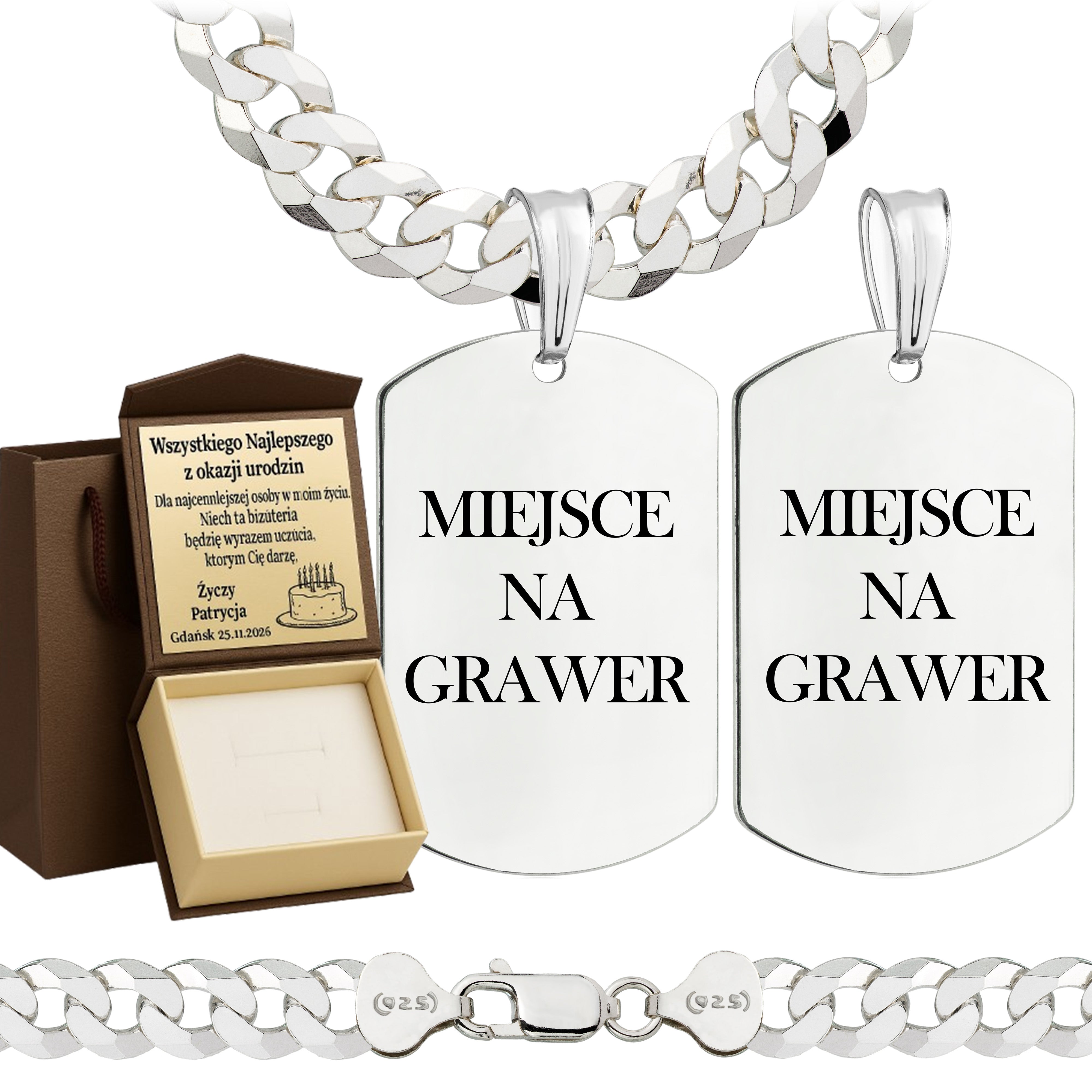 Łańcuszek srebrny z nieśmiertelnikiem pancerka 7,5mm pr. 925