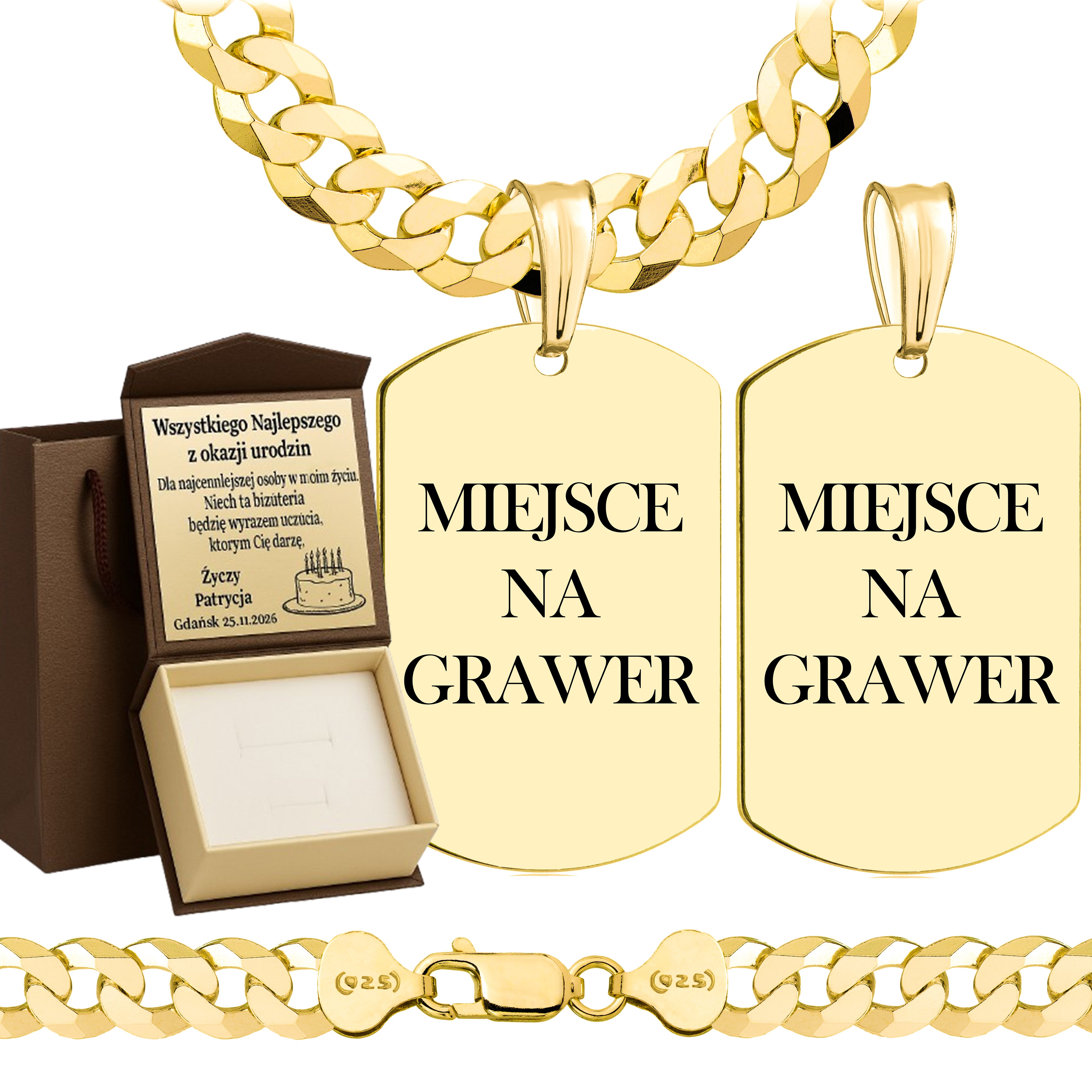 Łańcuszek pozłacany srebrny z nieśmiertelnikiem pancerka 7,5mm pr. 925 585