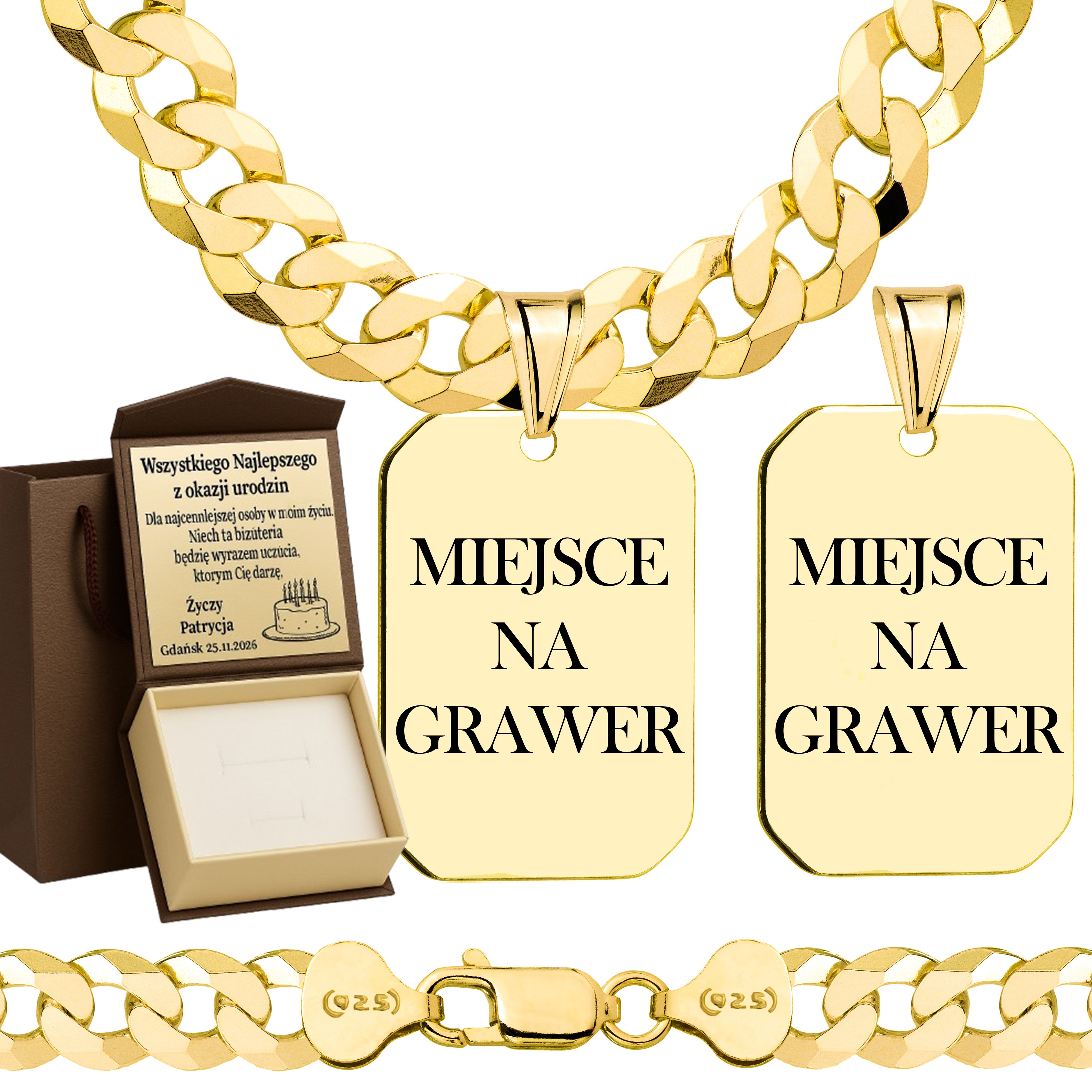 Łańcuszek pozłacany srebrny z nieśmiertelnikiem pancerka 7,5mm pr. 925 585