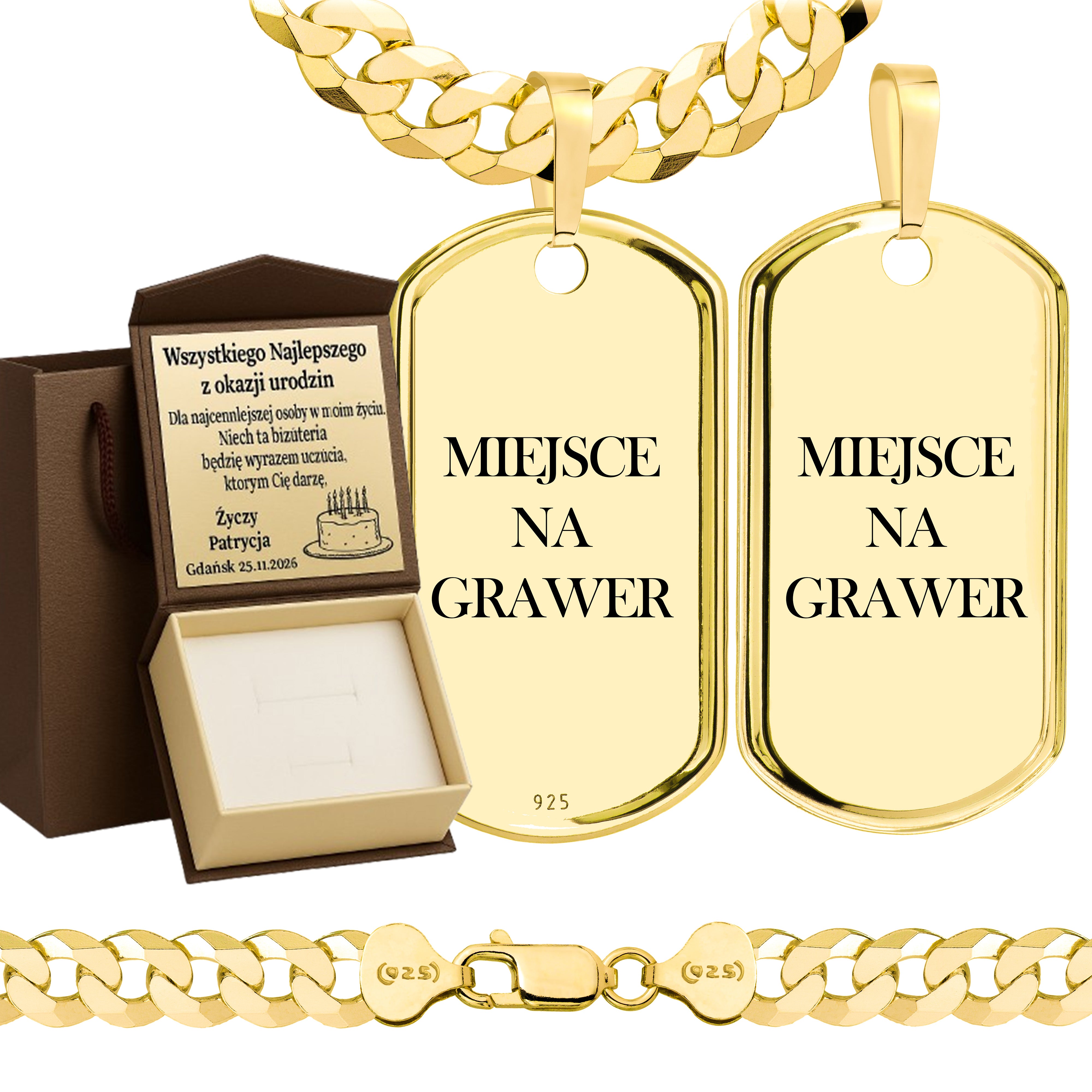 Łańcuszek pozłacany srebrny z nieśmiertelnikiem pancerka 7,5mm pr. 925 585