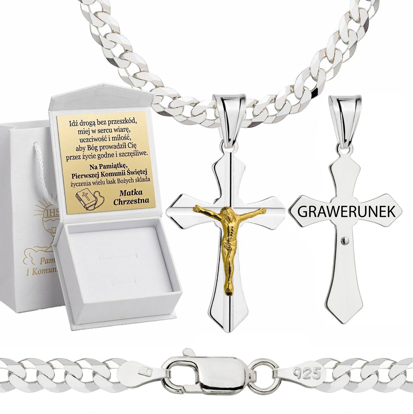 Łańcuszek komunijny srebrny z krzyżykiem pancerka 3,8mm z grawerowanym pudełeczkiem i zawieszką pr. 925