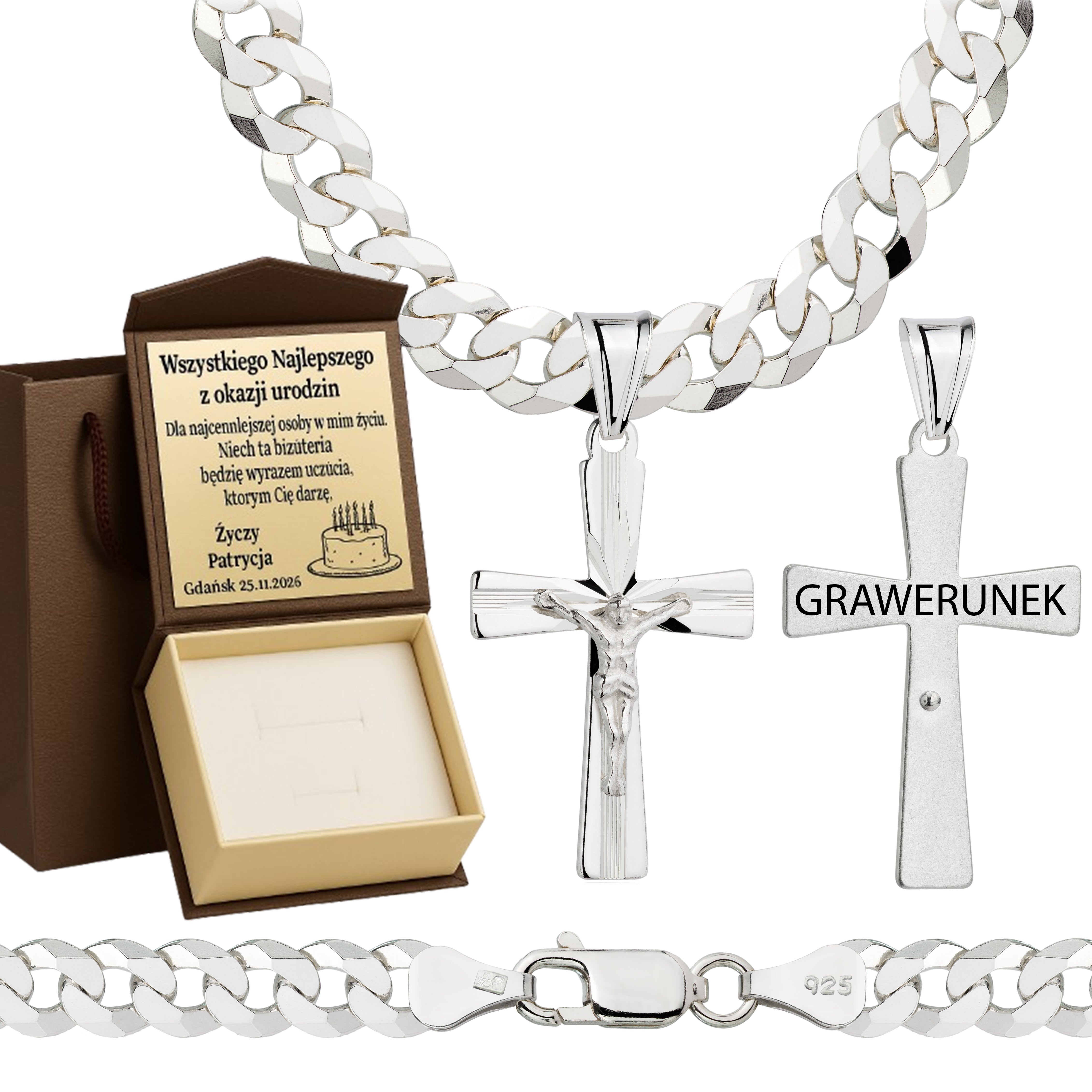 Łańcuszek srebrny z krzyżykiem pancerka 6,5mm pr. 925