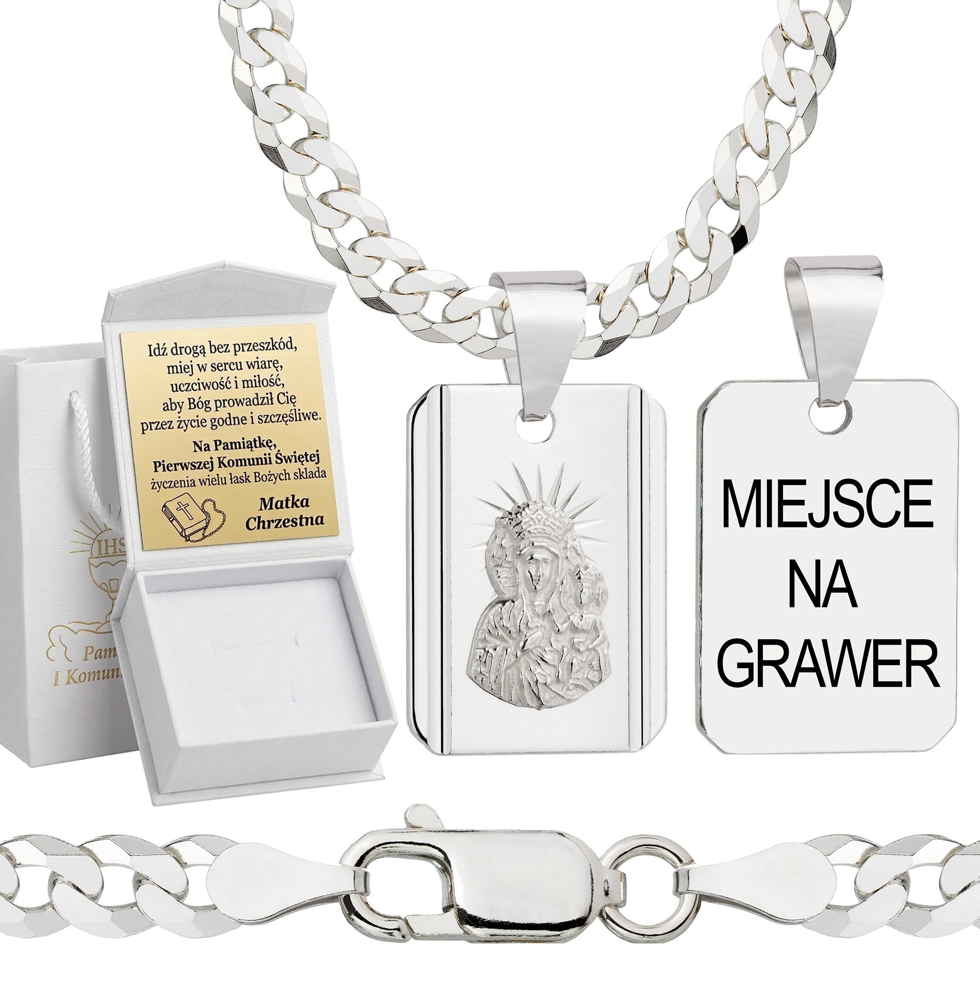 Łańcuszek komunijny srebrny z medalikiem pancerka 3,8mm z grawerowanym pudełeczkiem i zawieszką pr. 925