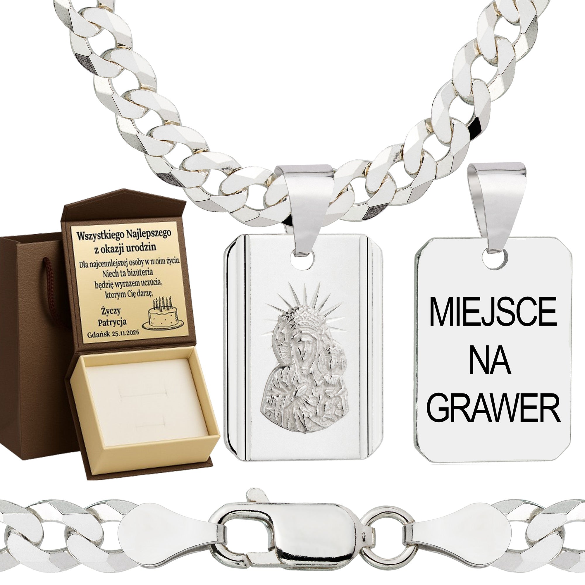 Łańcuszek srebrny z medalikiem pancerka 5mm pr. 925