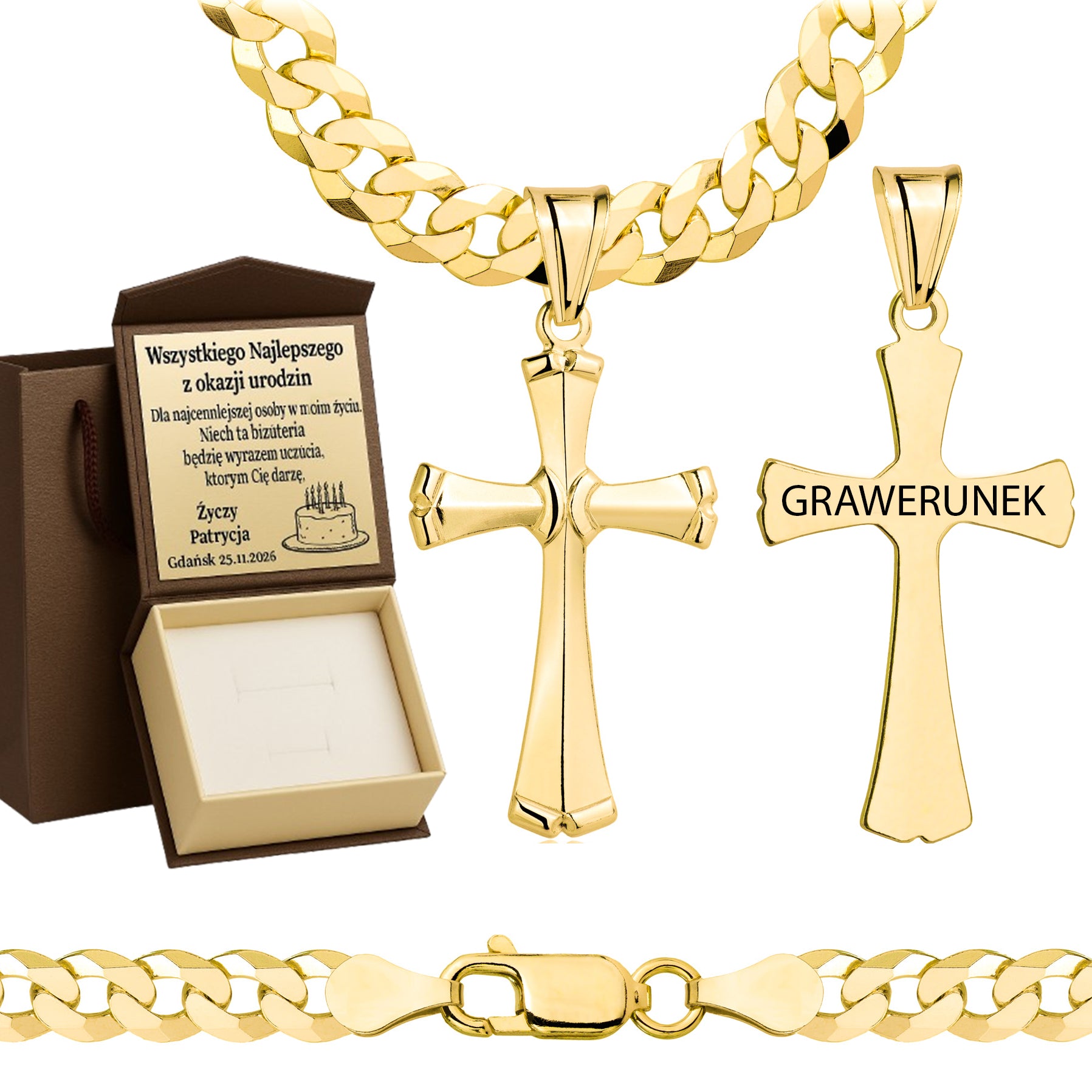 Łańcuszek pozłacany srebrny z krzyżykiem pancerka 6,5mm pr. 925