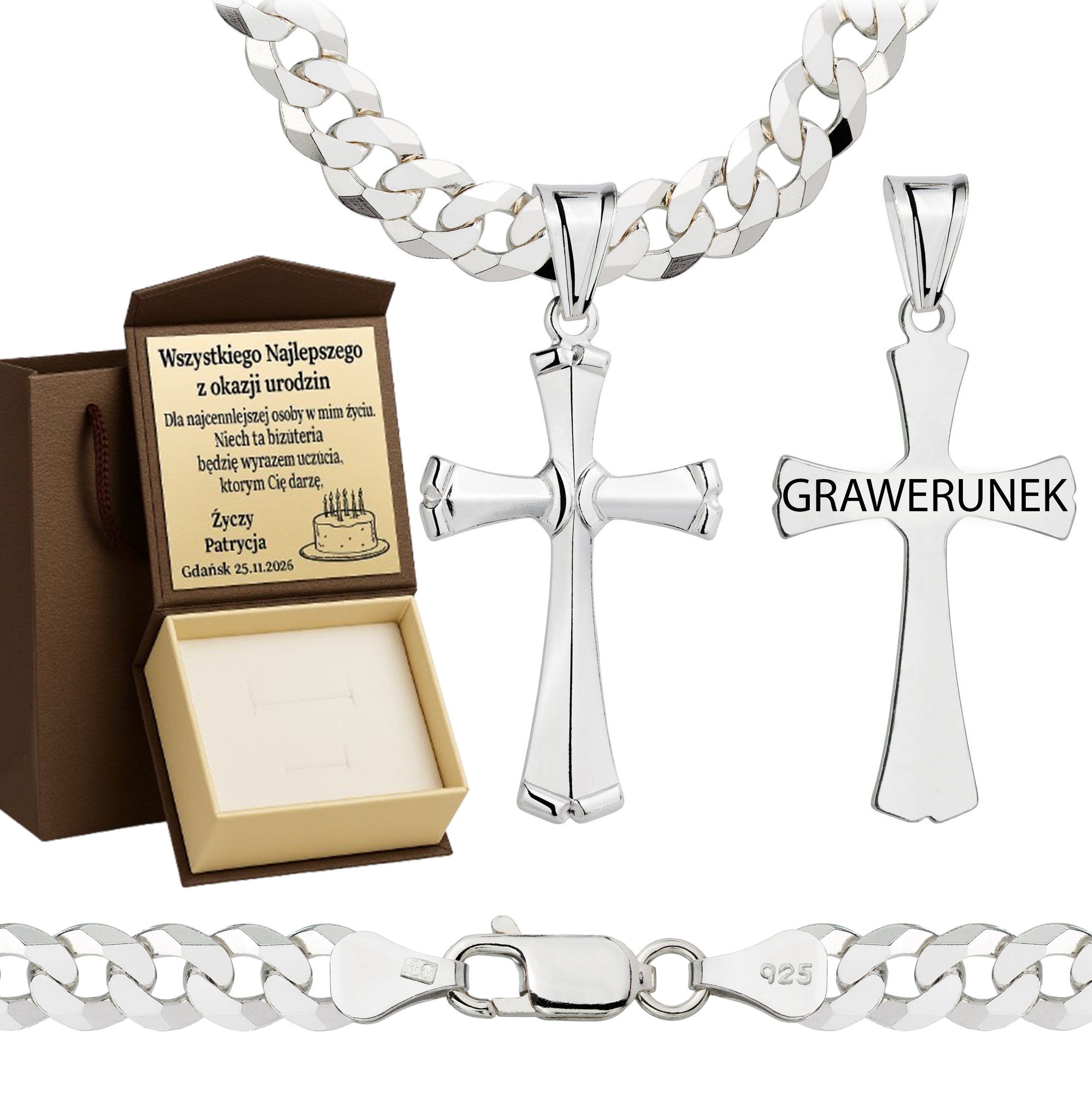 Łańcuszek srebrny z krzyżykiem pancerka 6,5mm pr. 925