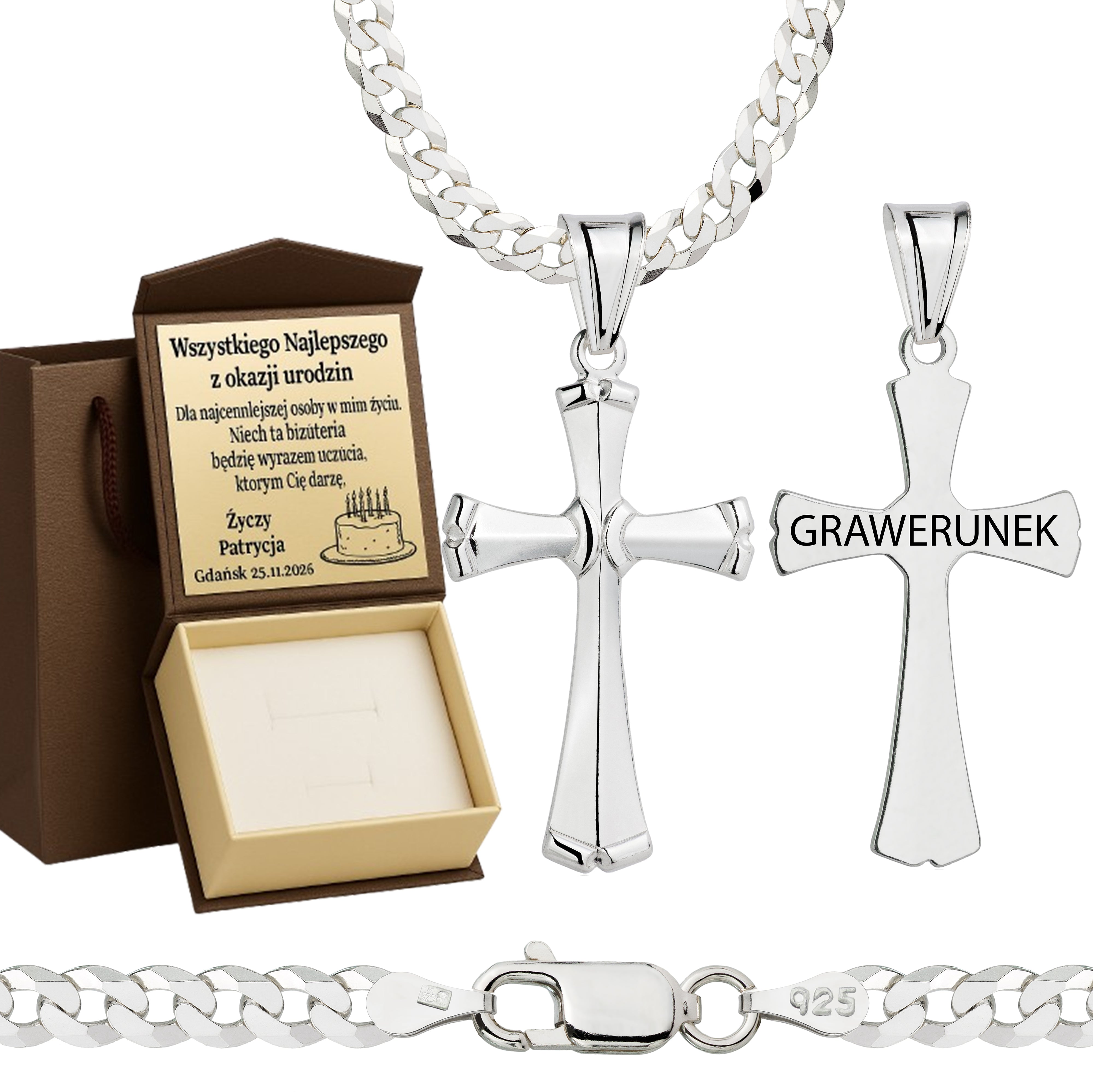 Łańcuszek srebrny z krzyżykiem pancerka 3,8mm pr. 925