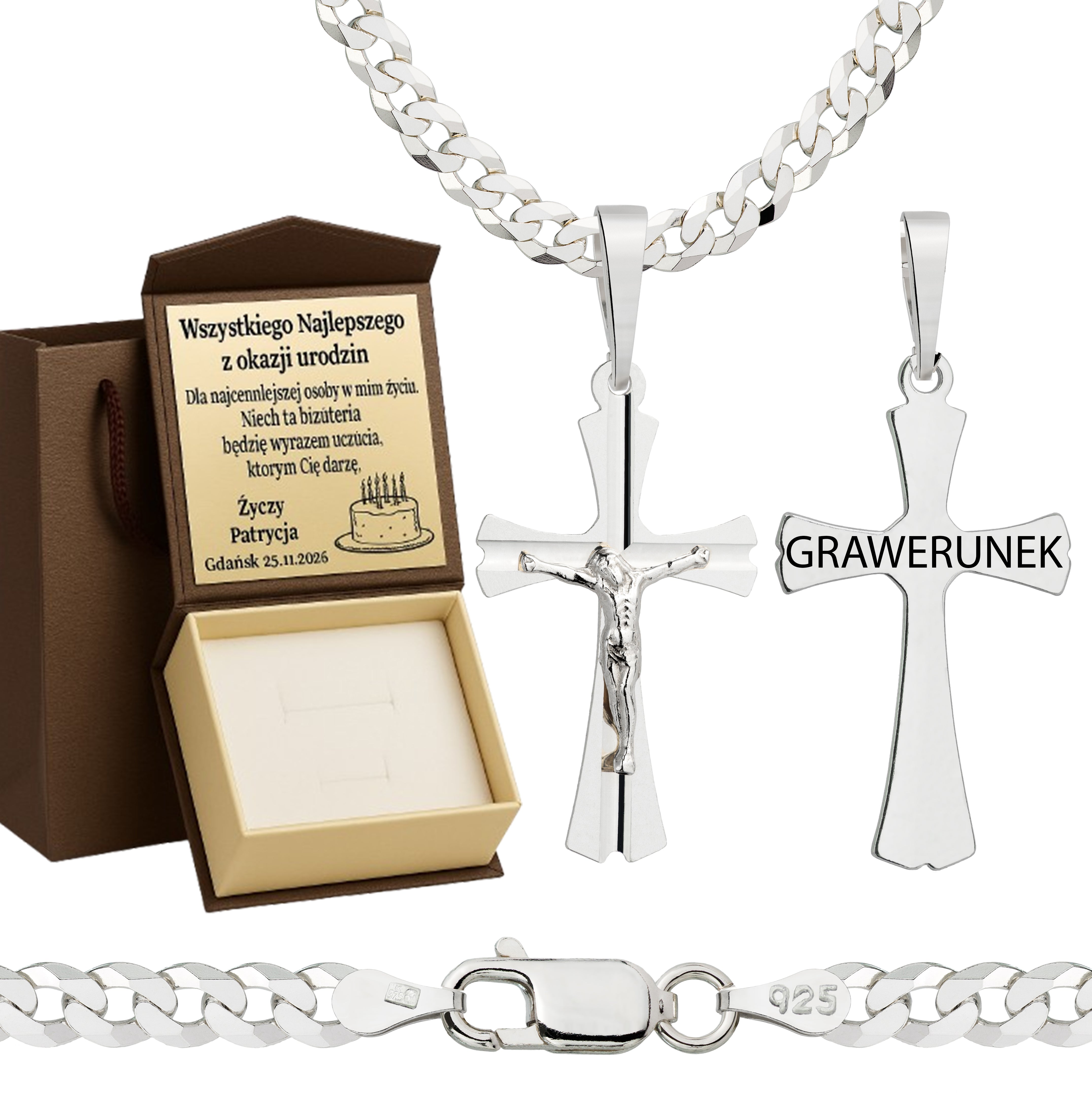 Łańcuszek srebrny z krzyżykiem pancerka 3,8mm pr. 925