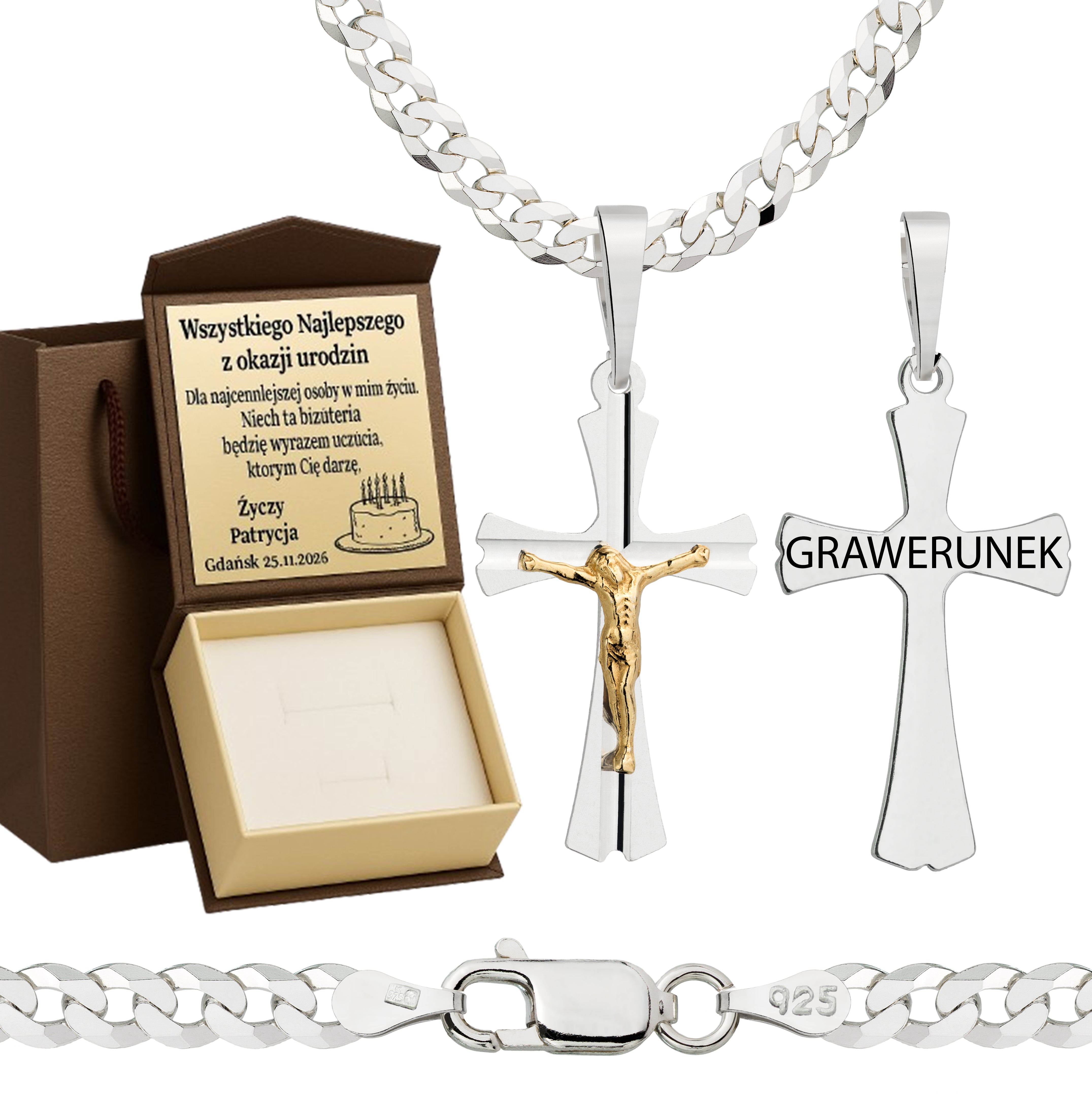 Łańcuszek srebrny z krzyżykiem pancerka 3,8mm pr. 925