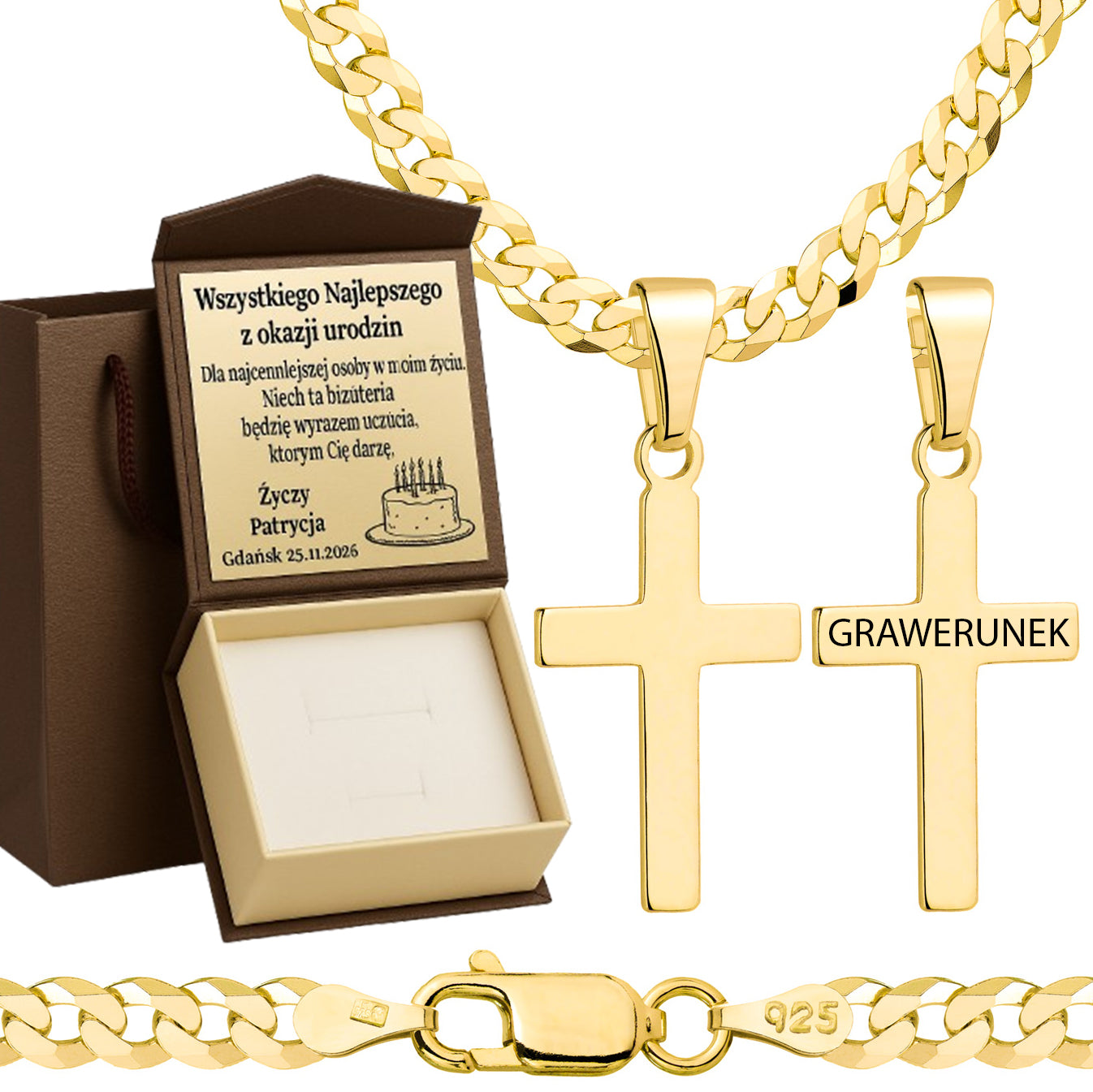 Łańcuszek pozłacany srebrny z krzyżykiem pancerka 3,8mm pr. 925