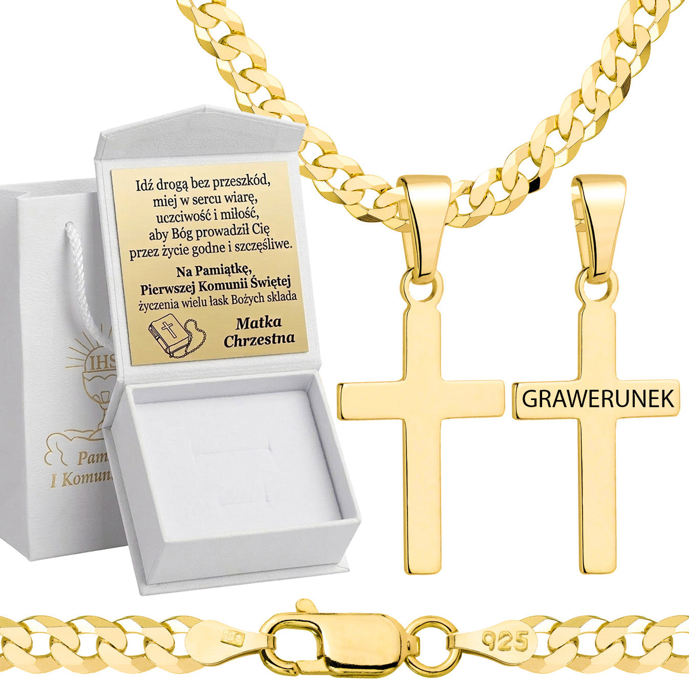 Łańcuszek komunijny pozłacany srebrny pancerka z krzyżykiem 3,8mm z grawerowanym pudełeczkiem i zawieszką pr. 925