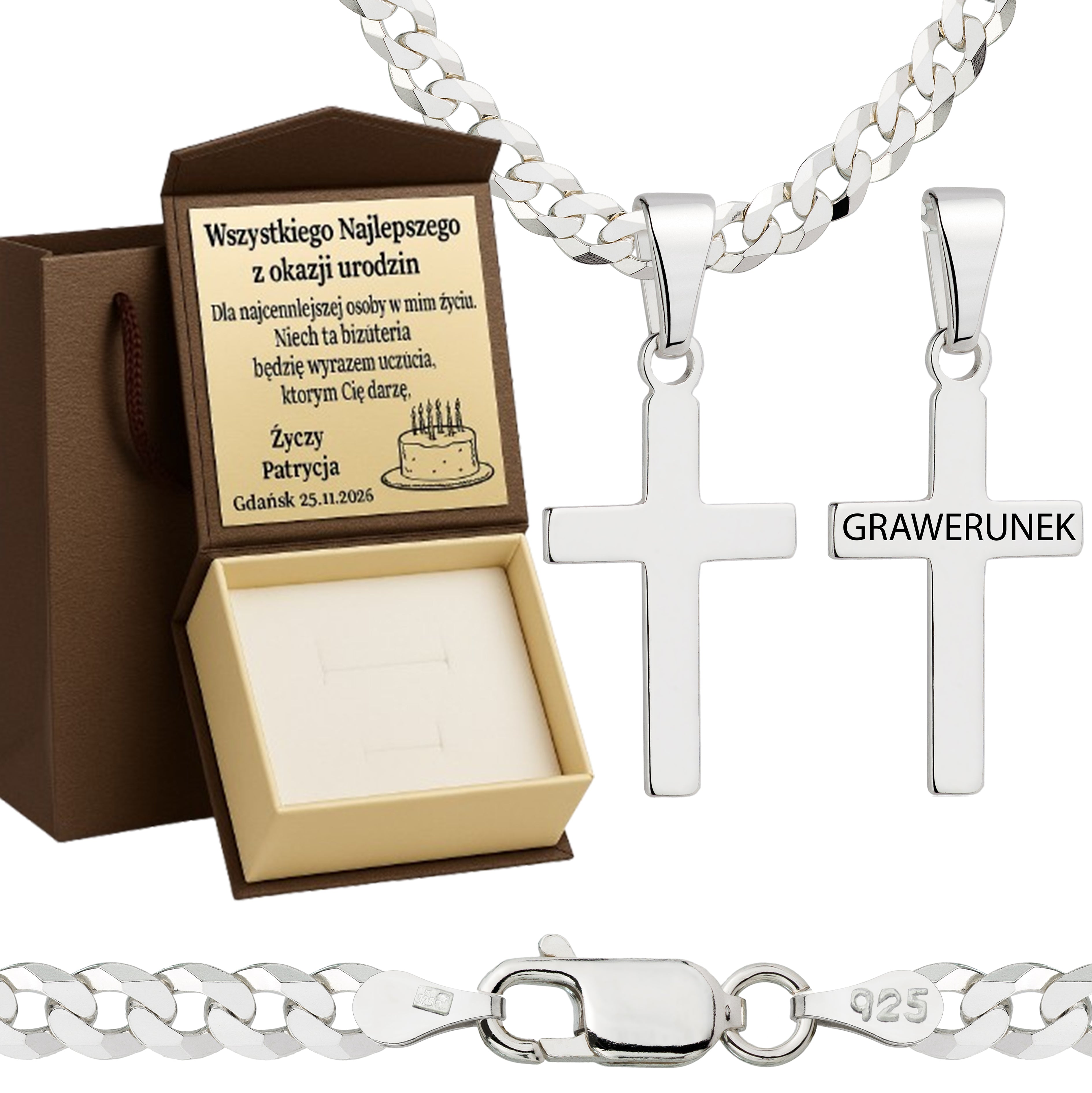 Łańcuszek srebrny z krzyżykiem pancerka 3,8mm pr. 925