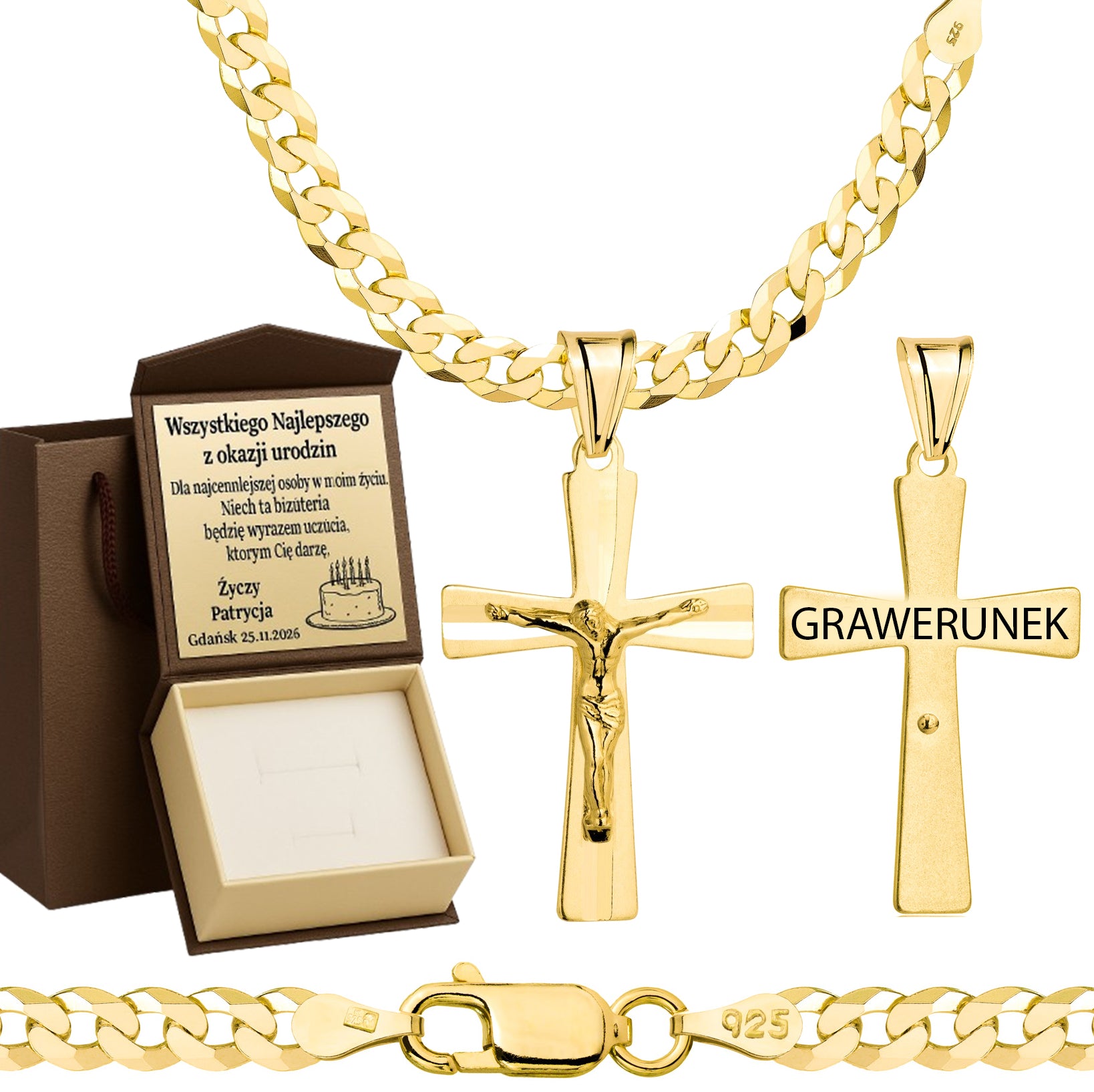 Łańcuszek pozłacany srebrny z krzyżykiem pancerka 3,8mm pr. 925