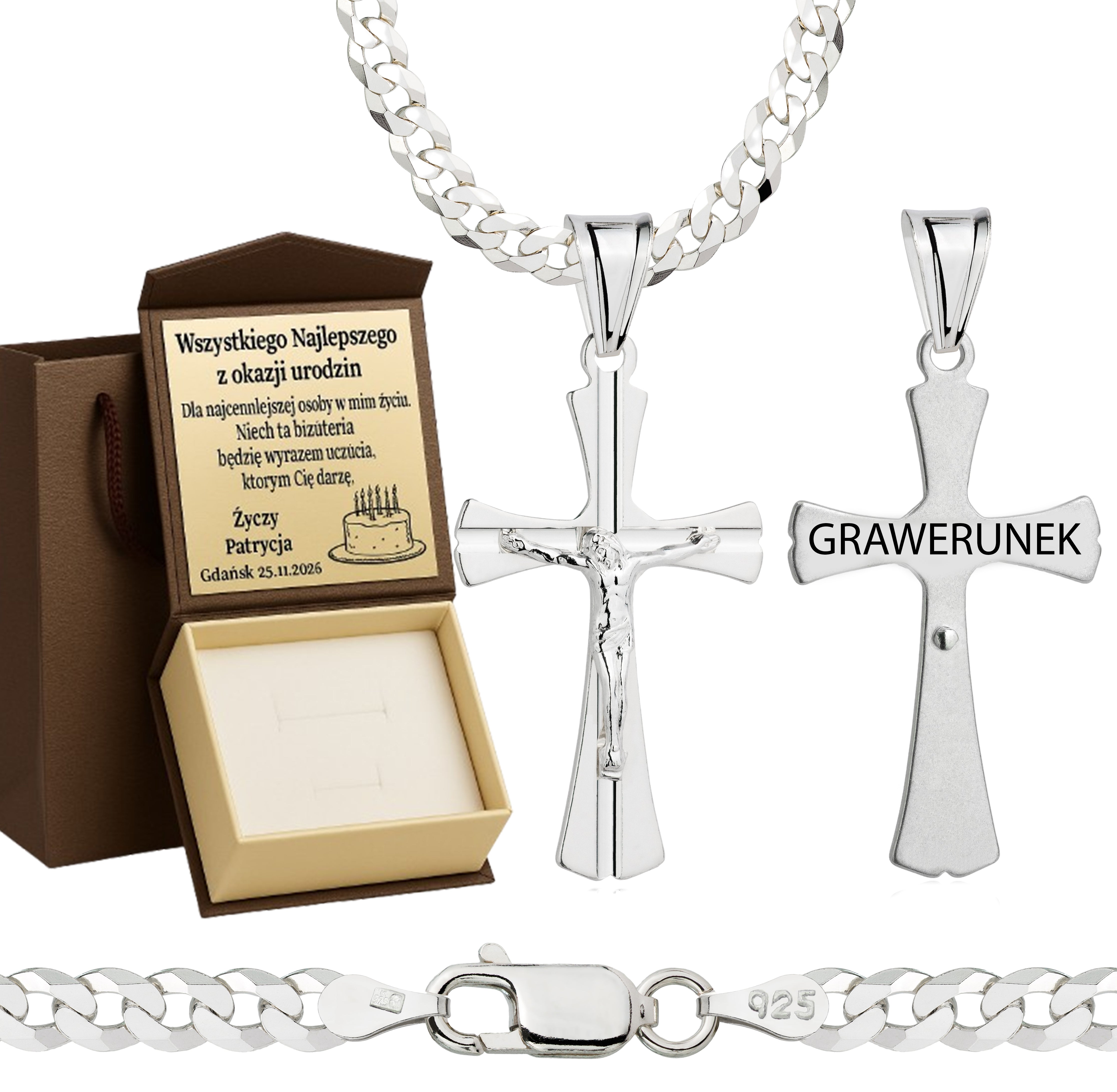 Łańcuszek srebrny z krzyżykiem pancerka 3,8mm pr. 925