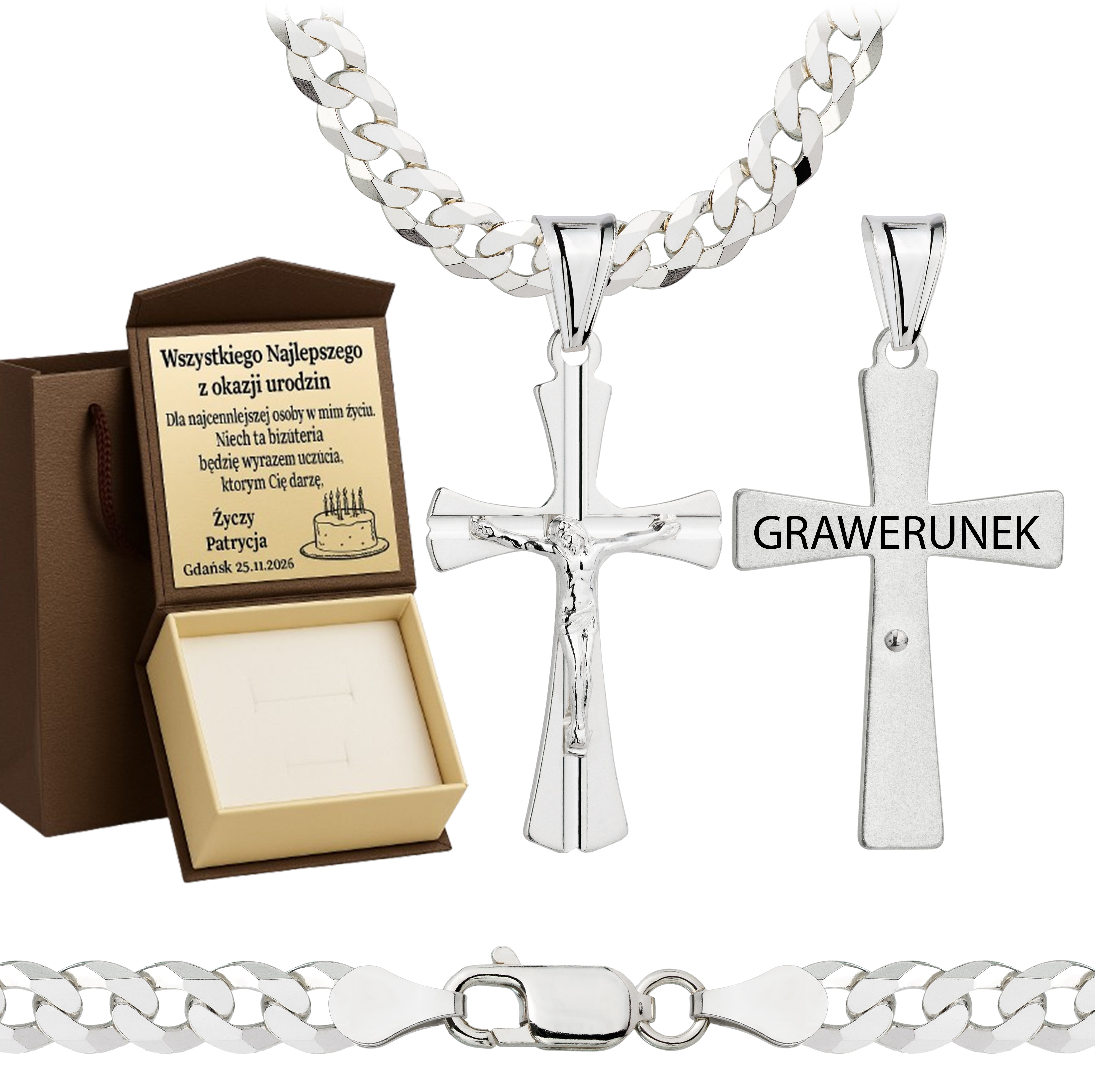 Łańcuszek srebrny z krzyżykiem pancerka 5mm pr. 925