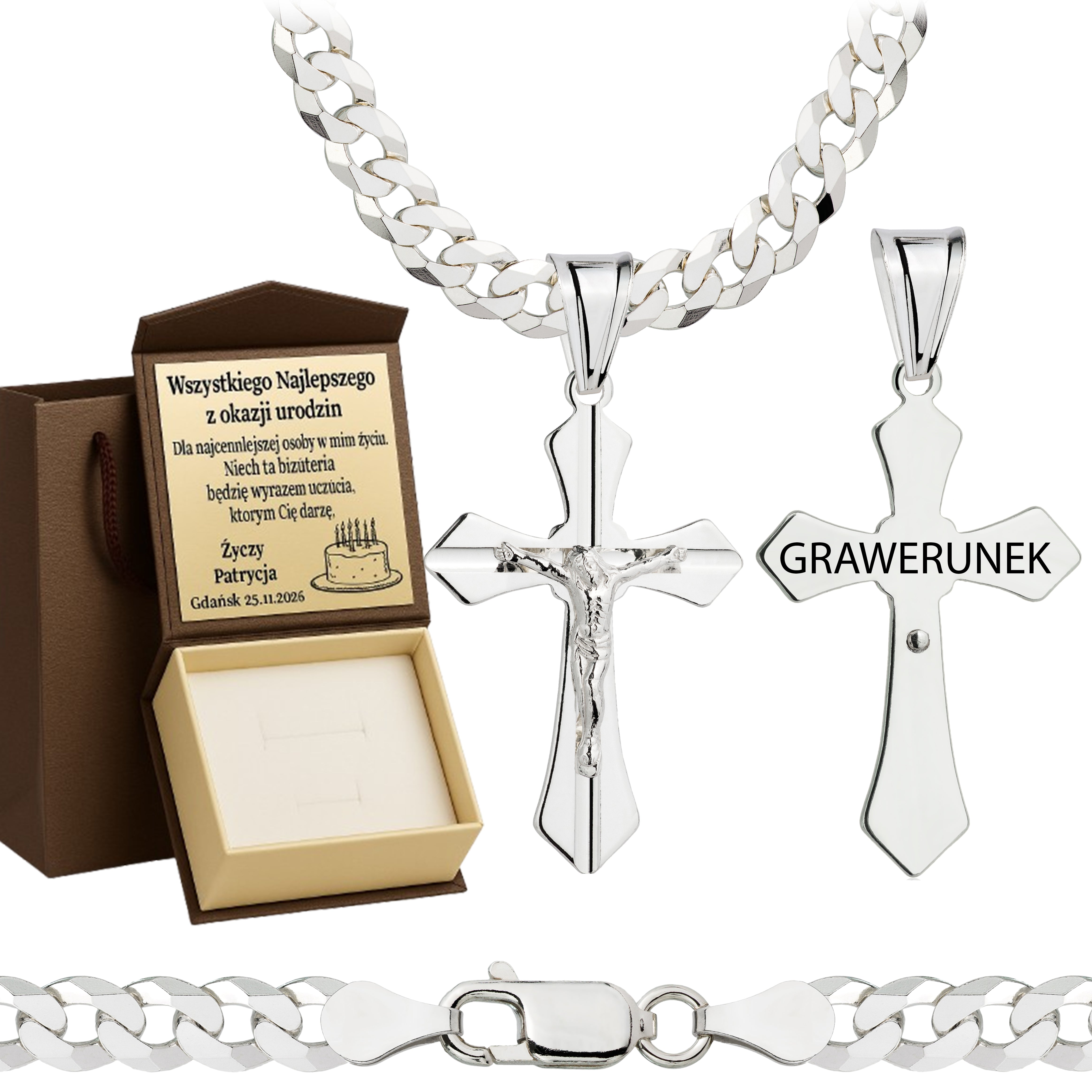 Łańcuszek srebrny z krzyżykiem pancerka 5mm pr. 925