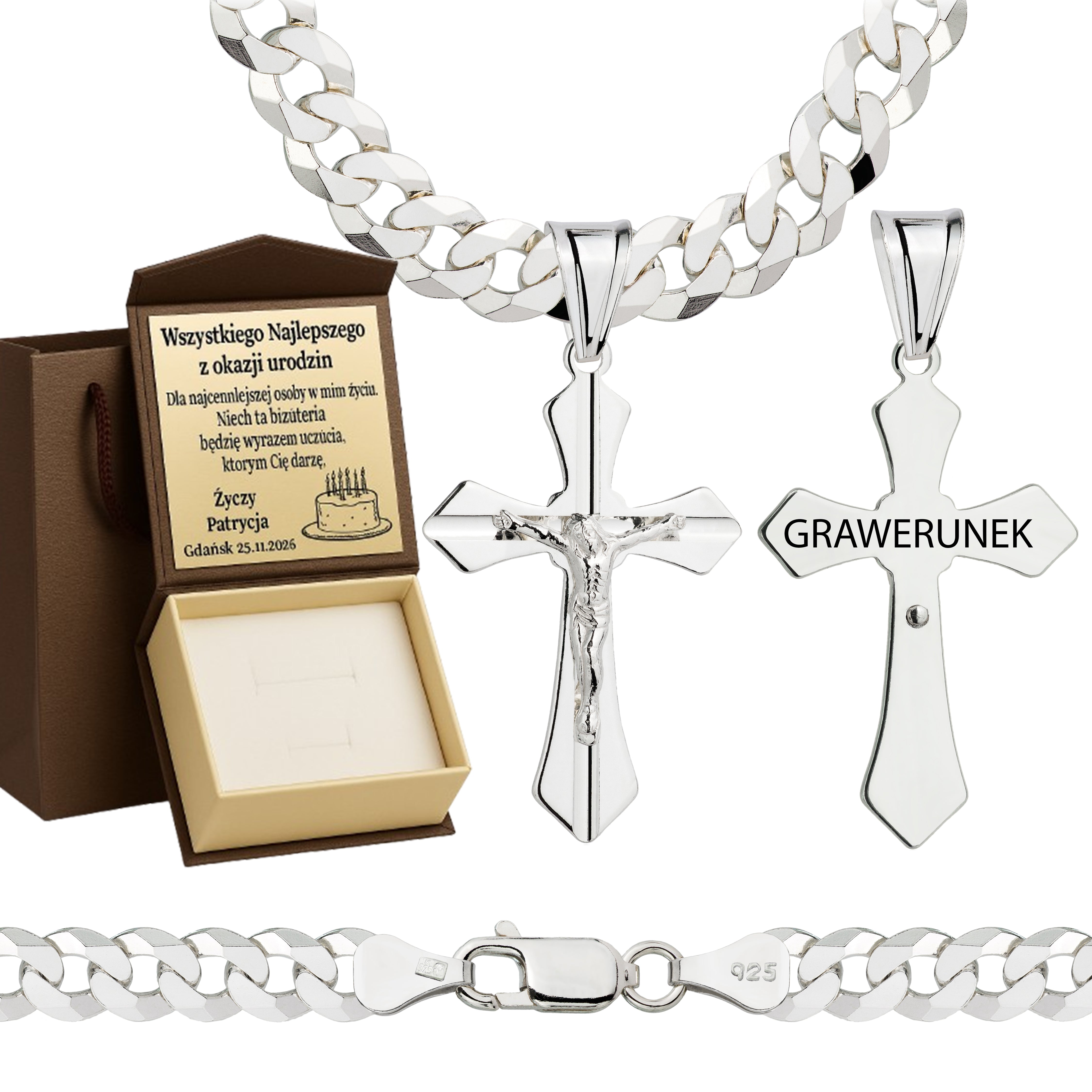 Łańcuszek srebrny z krzyżykiem pancerka 6,5mm pr. 925