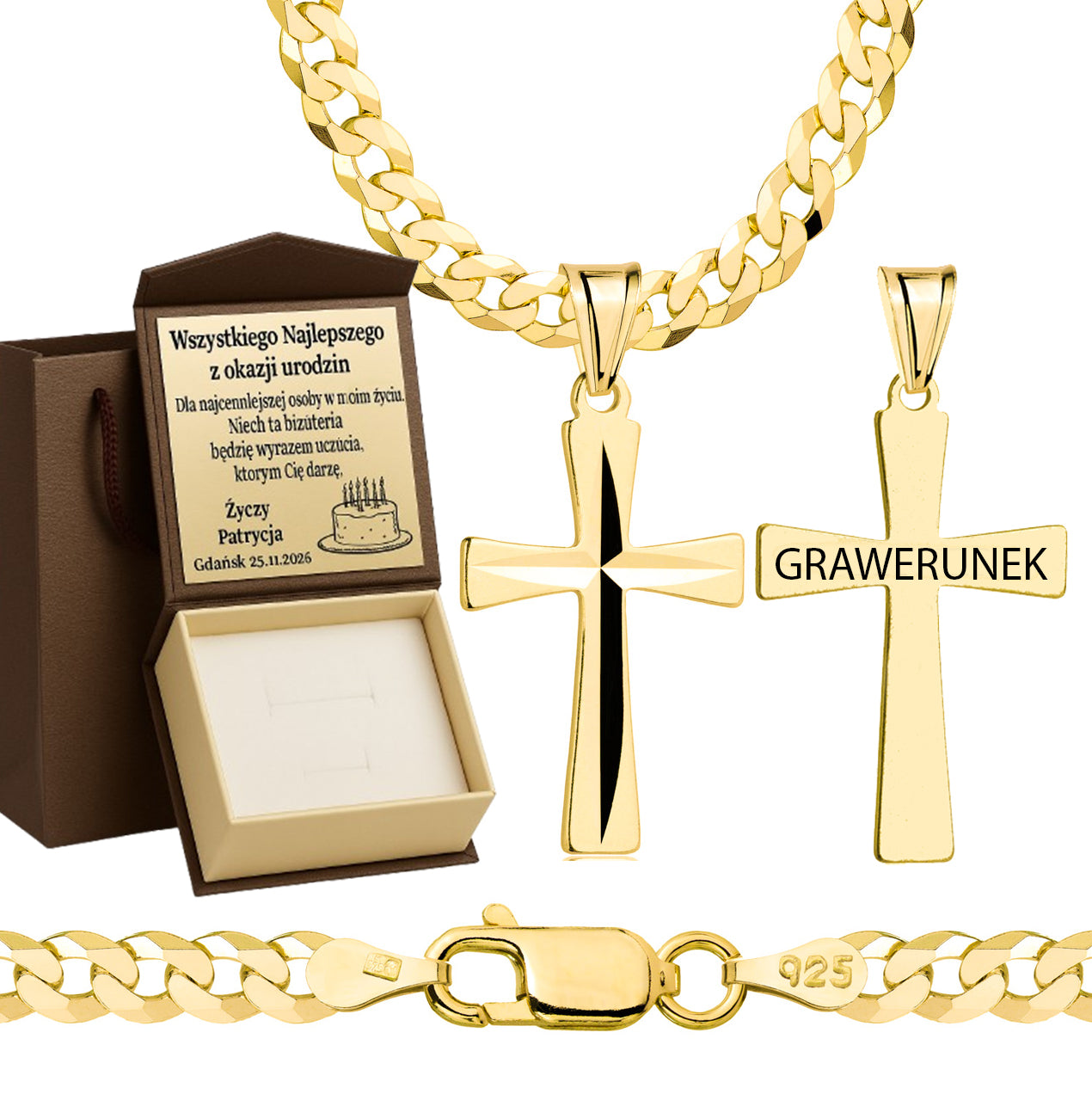 Łańcuszek pozłacany srebrny z krzyżykiem pancerka 3,8mm pr. 925